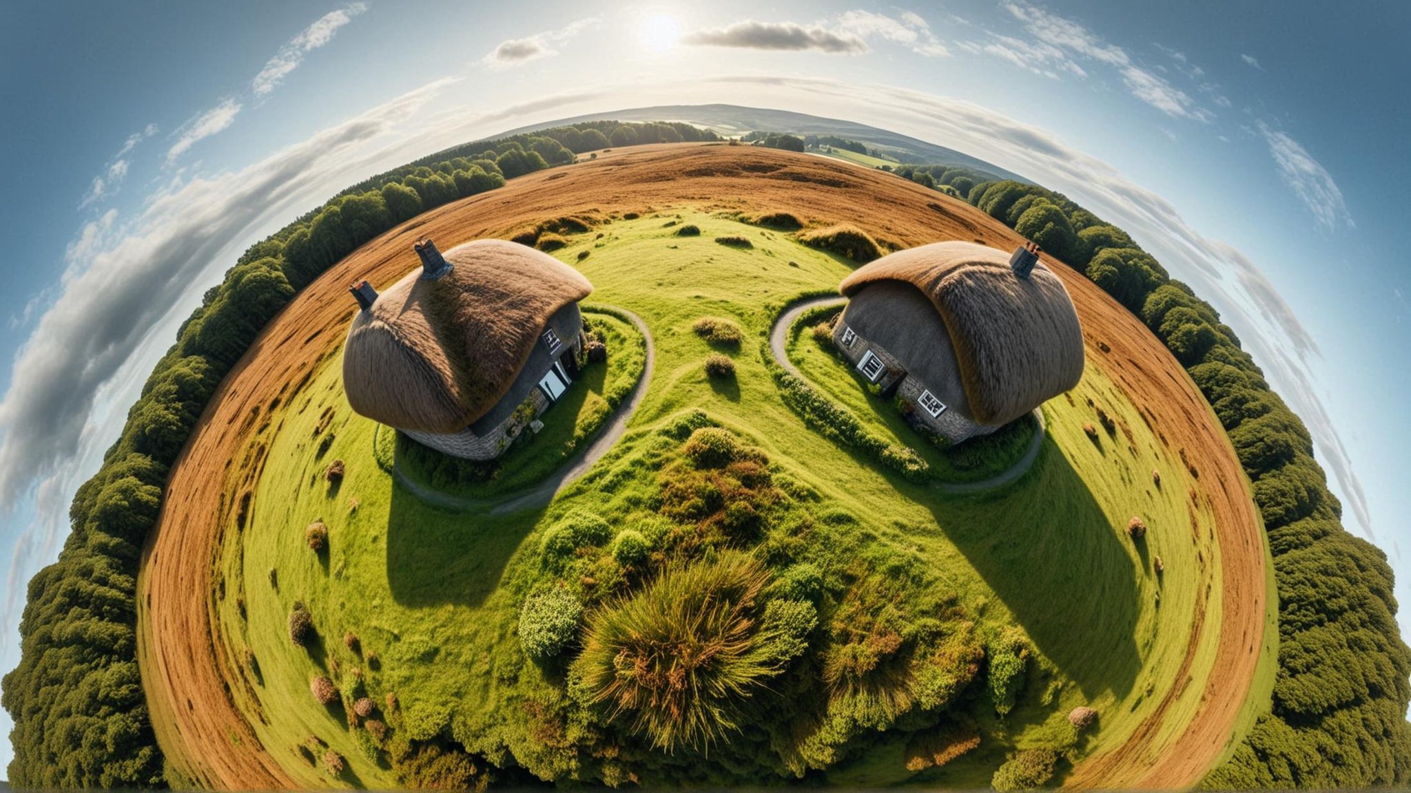 <lora:TinyPlanetSDXL:1> TinyPlanet Heath - Moorland with thatched cottages and hedgehogs