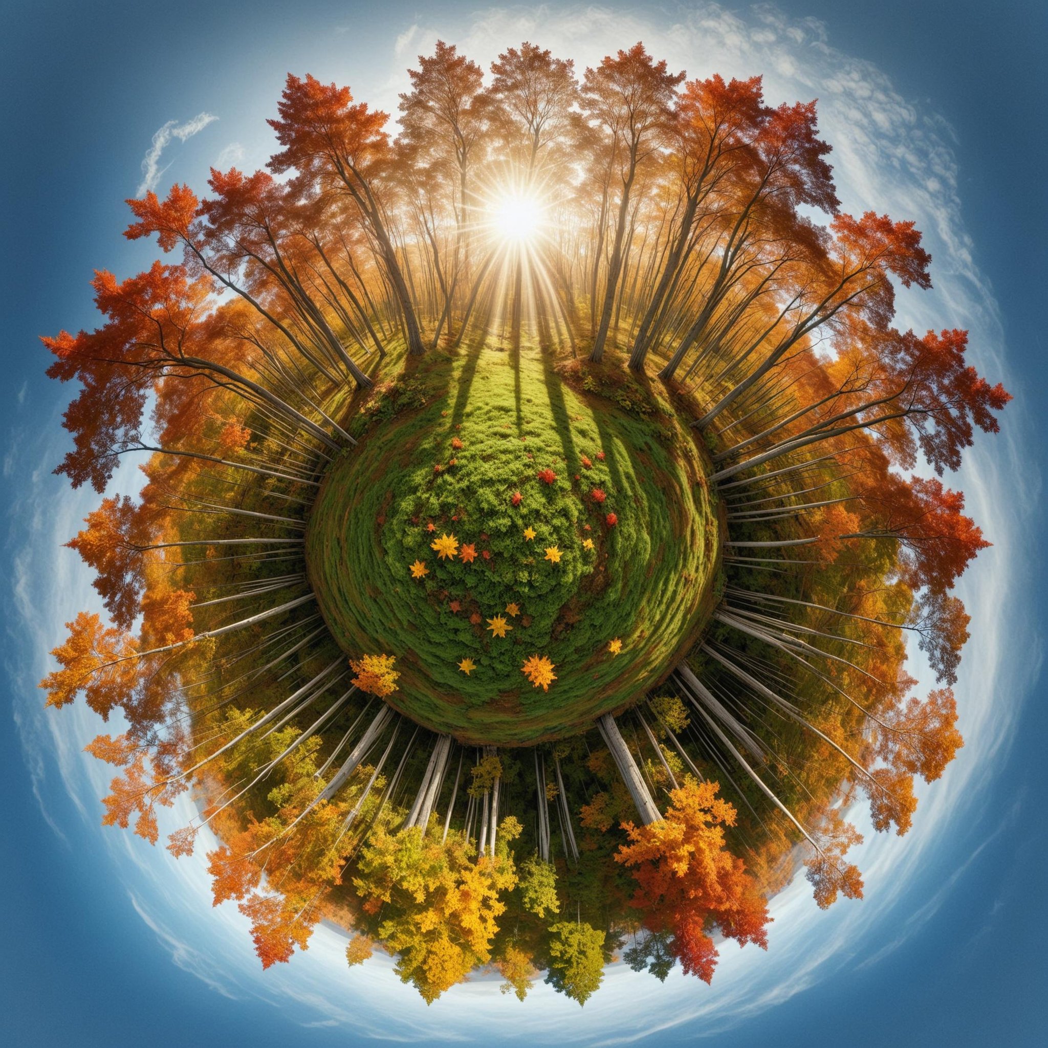 <lora:TinyPlanetSDXL:1> TinyPlanet Maple Woodland, Forest of maple trees, a riot of autumn colors under a crisp morning sun