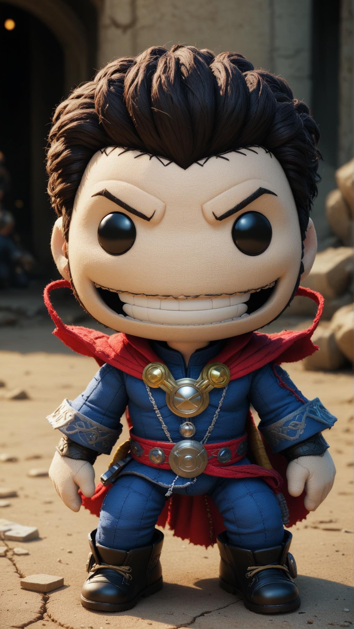 <lora:SackpeopleCharacterStyleSDXL:0.75>sackboy Stephen Strange (Doctor Strange) from Marvel Comics, laughing expression, woven, stitches, stitching, in location space debris field