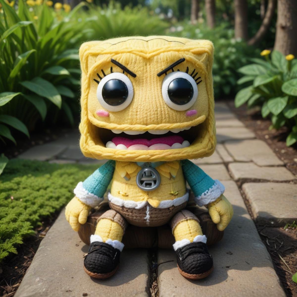 <lora:SackpeopleCharacterStyleSDXL:0.75>sackgirl SpongeBob SquarePants from SpongeBob SquarePants, cute face expression, woven, stitches, stitching, in a pose: hands between legs, in location mythical garden