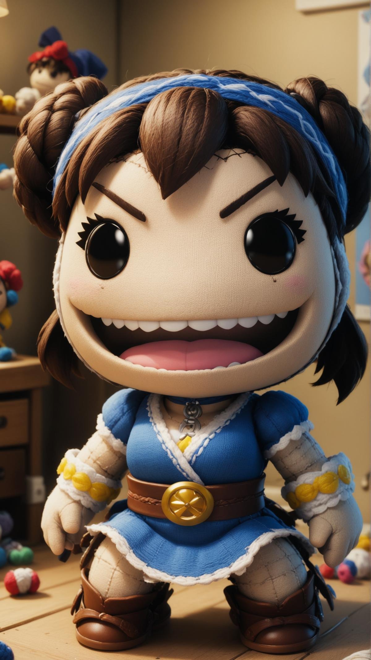 <lora:SackpeopleCharacterStyleSDXL:0.75>sackboy Chun-Li from Street Fighter, laughing expression, woven, stitches, stitching, in location messy room