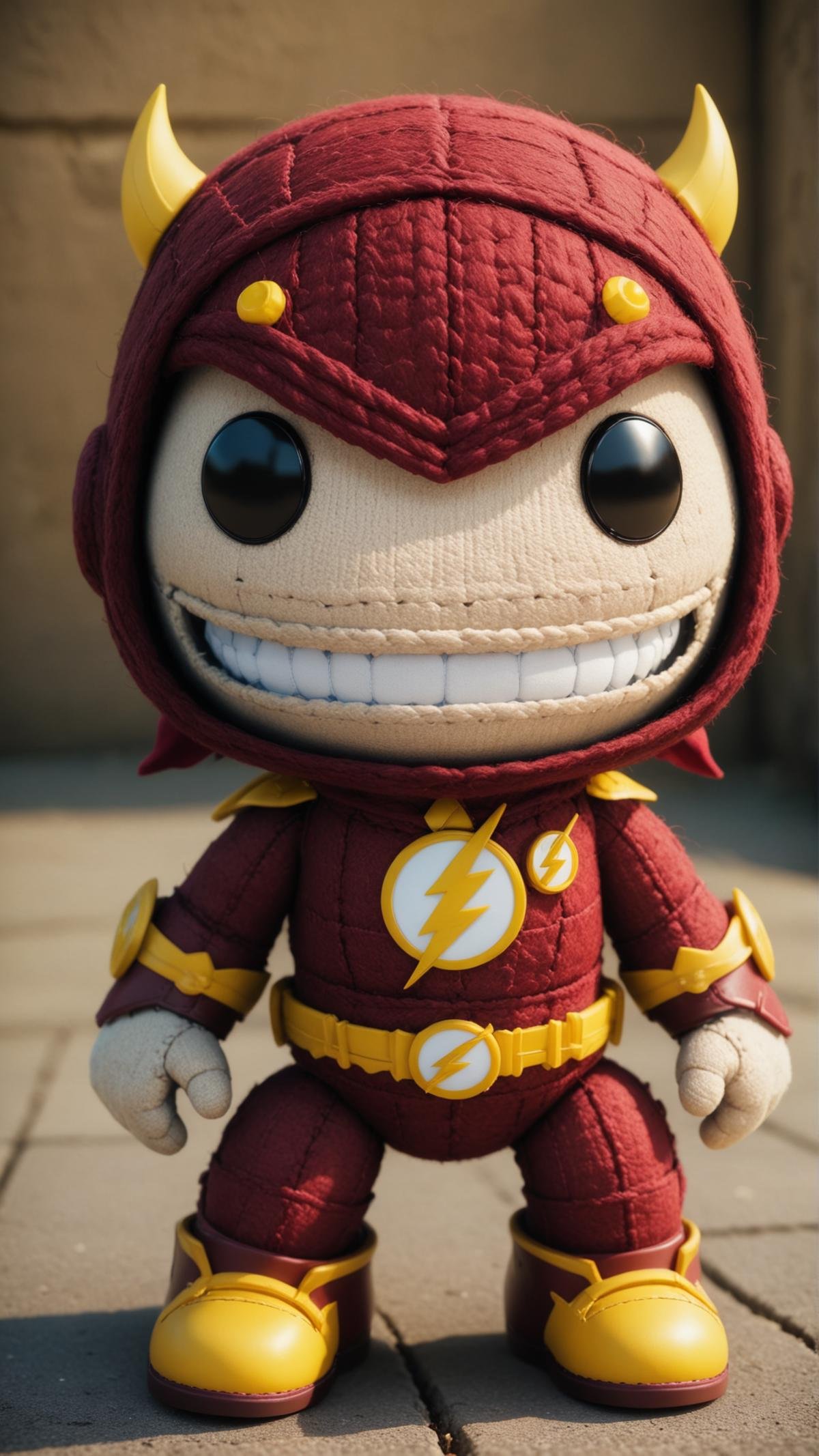 <lora:SackpeopleCharacterStyleSDXL:0.75>sackboy Barry Allen (The Flash) from DC Comics, smiling expression, woven, stitches, stitching, in location arena