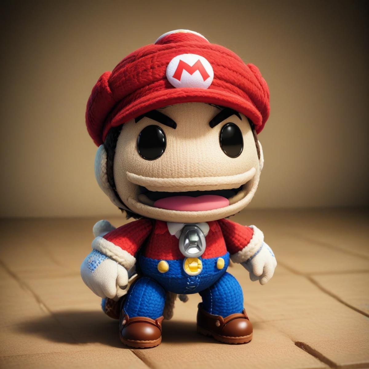 <lora:SackpeopleCharacterStyleSDXL:1>sackboy Mario from Super Mario happy expression