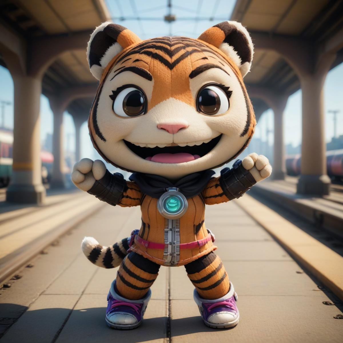 <lora:SackpeopleCharacterStyleSDXL:0.75>sackgirl Tigress from Kung Fu Panda, laughing expression, woven, stitches, stitching, in a pose: Balancing on tiptoes with arms outstretched, in location hyperloop station