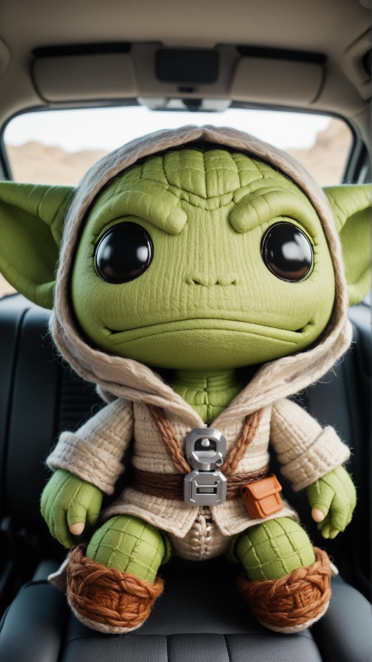 <lora:SackpeopleCharacterStyleSDXL:0.75>sackgirl Yoda from Star Wars, smiling expression, woven, stitches, stitching, in location vehicle interior