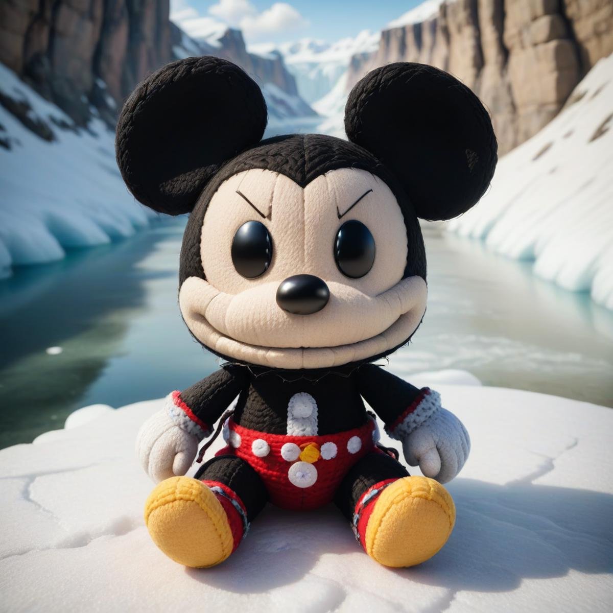 <lora:SackpeopleCharacterStyleSDXL:0.75>sackbaby Mickey Mouse from Disney, cute face expression, woven, stitches, stitching, in a pose: Sitting with one leg folded and arms wrapped around the knee, in location ice bridge