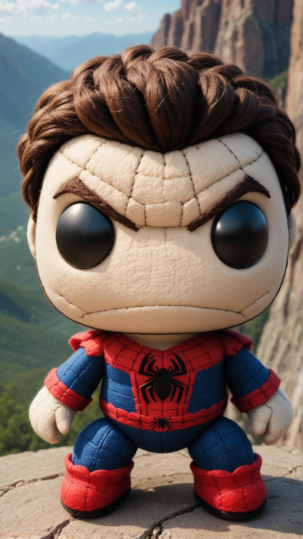 <lora:SackpeopleCharacterStyleSDXL:0.75>sackbaby Peter Parker (Spider-Man) from Marvel Cinematic Universe, angry expression, woven, stitches, stitching, in location mountains