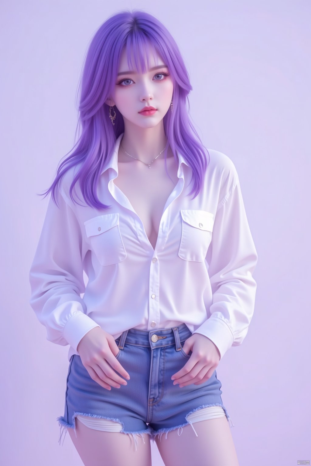 1girl,purple hair,purple eyes, 1girl is wearing a white boyfriend shirt,Shoulders and legs exposed,