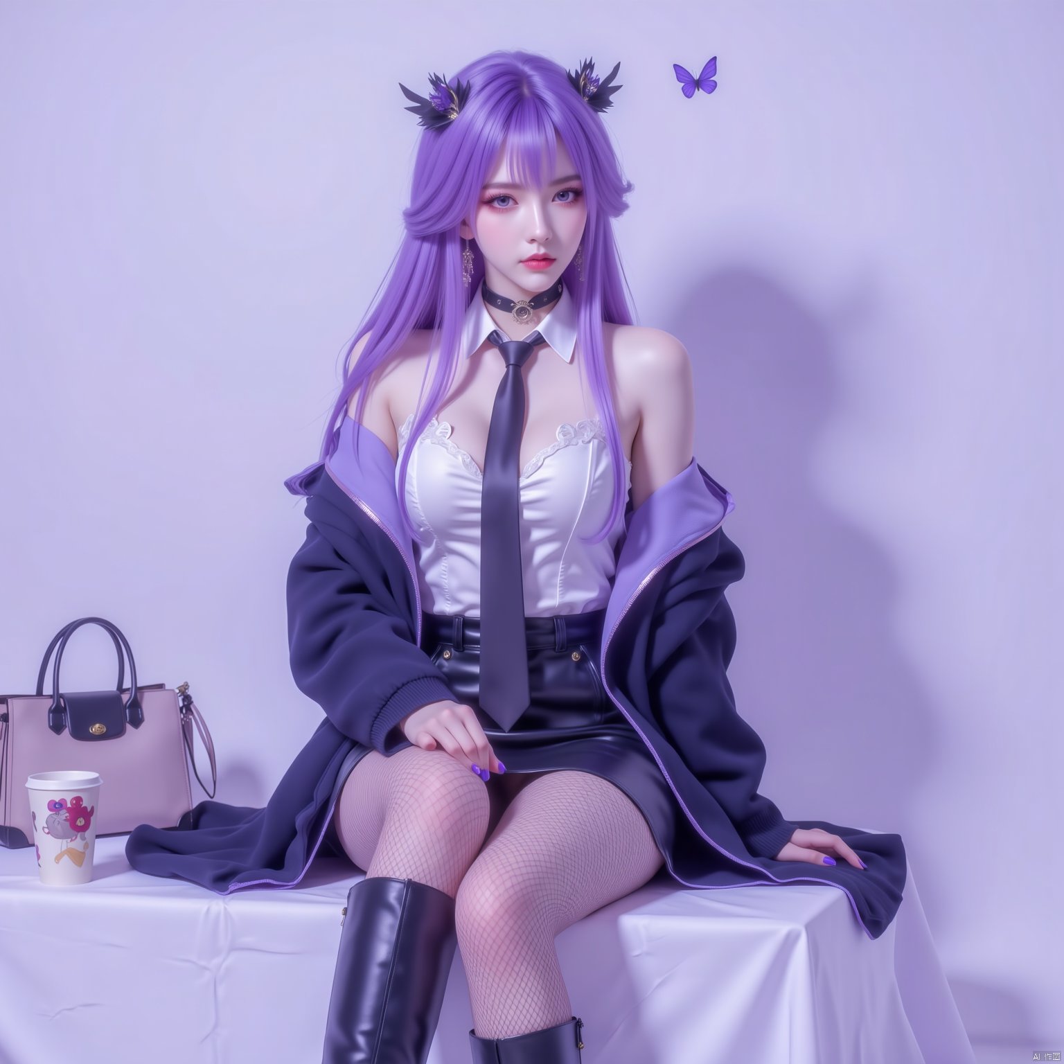 1girl,purple hair,purple eyes,(masterpiece), (best quality), illustration, ultra detailed, hdr, Depth of field, (colorful),1girl, boots,  fishnets, pantyhose, cup, long hair, fishnet pantyhose, black footwear, solo, skirt, necktie, bag, jacket, bug, black skirt, black jacket, shirt, earrings, jewelry, butterfly, full body, nail polish, sitting, black necktie, choker, black nails, english text, animal, looking at viewer, knee boots, drinking straw, black choker, grey eyes, jacket on shoulders, handbag, own hands together, grey background, cat