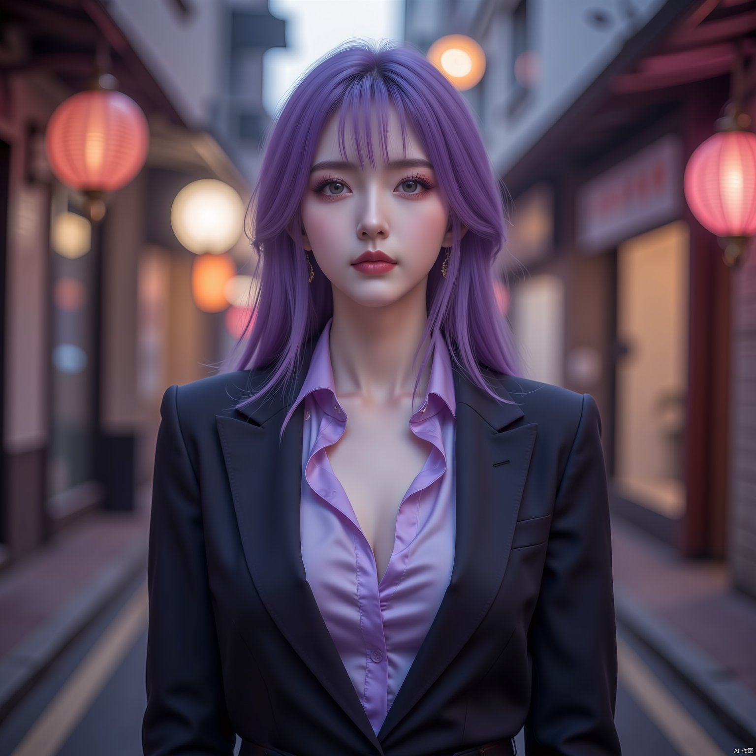 1girl,purple hair,purple eyes,magazine cover,cool title,exaggerated layout,'TenKai',dense content, an Ho (He Fan) Model: An Asian woman wearing a chic, tailored suit with a silk blouse. Model: An Asian woman wearing a stylishly tailored suit with a silk shirt. Description: The model is captured walking down a Hong Kong street at dusk, the warm glow of streetlights casting a soft light on her. Ho used a 35mm camera with a 50mm lens to convey the bustling yet elegant urban atmosphere. Description: The model in this photo walks the streets of Hong Kong at dusk, with the street lights emitting a warm, soft glow. He Fan uses a 35mm camera with a 50mm lens to convey the bustling yet elegant atmosphere of the city.