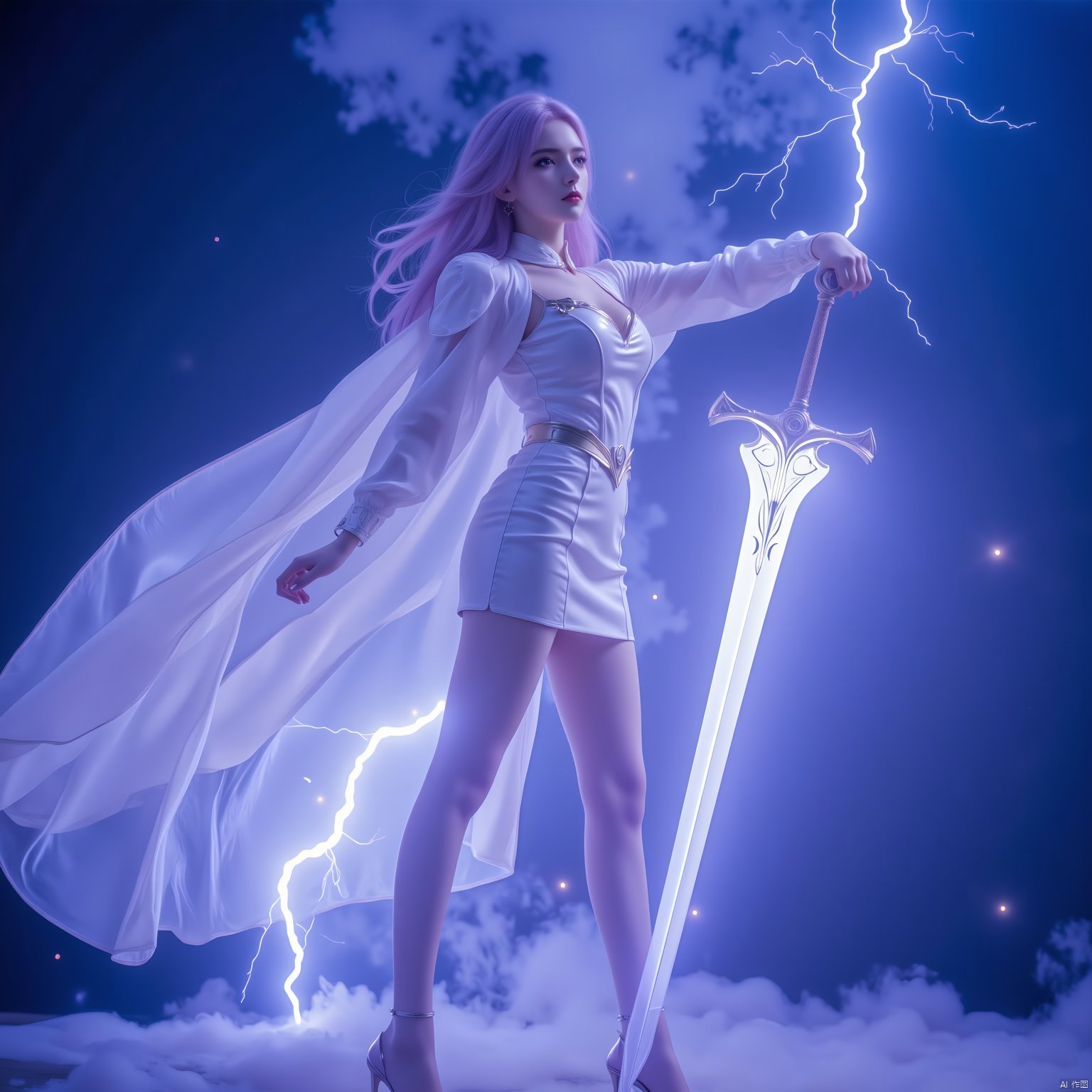  1girl, composed of elements of thunder,thunder,electricity,A magic sword knight,His form is barely tangible,with a soft glow emanating from his gentle contours,The surroundings subtly distort through her ethereal presence,casting a dreamlike ambiance,white lightning,Surrounded by thunder and lightning elemental magic,