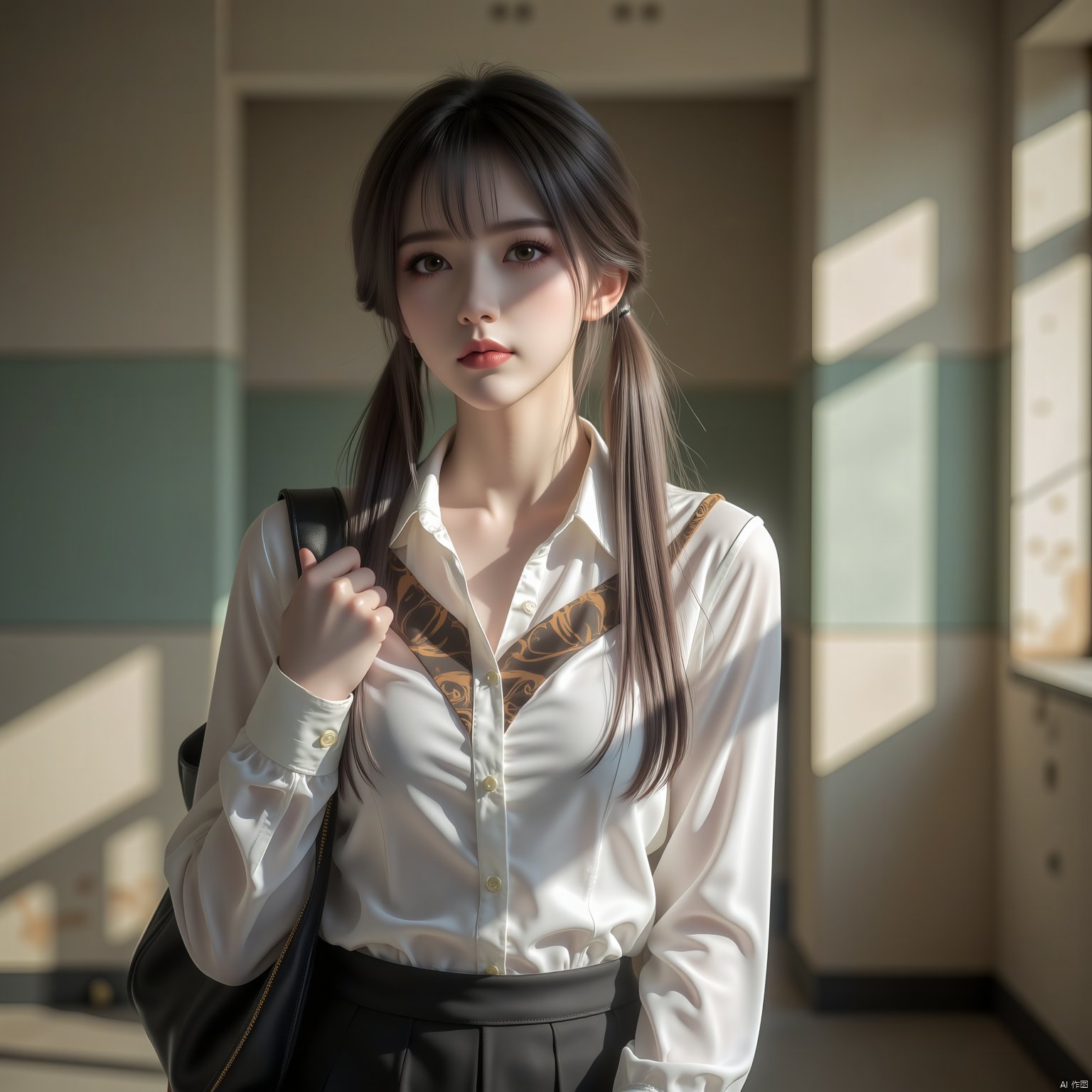  young woman with long, dark hair styled in twintails. She is wearing a school uniform, which consists of a white blouse with a brown collar and a black skirt. The uniform has a pleated design. She is holding a black bag on her right shoulder. The background appears to be an old, possibly abandoned building with sunlight streaming in, casting shadows on the wall. The overall mood of the image is serene and contemplative, with the woman looking directly at the viewer.