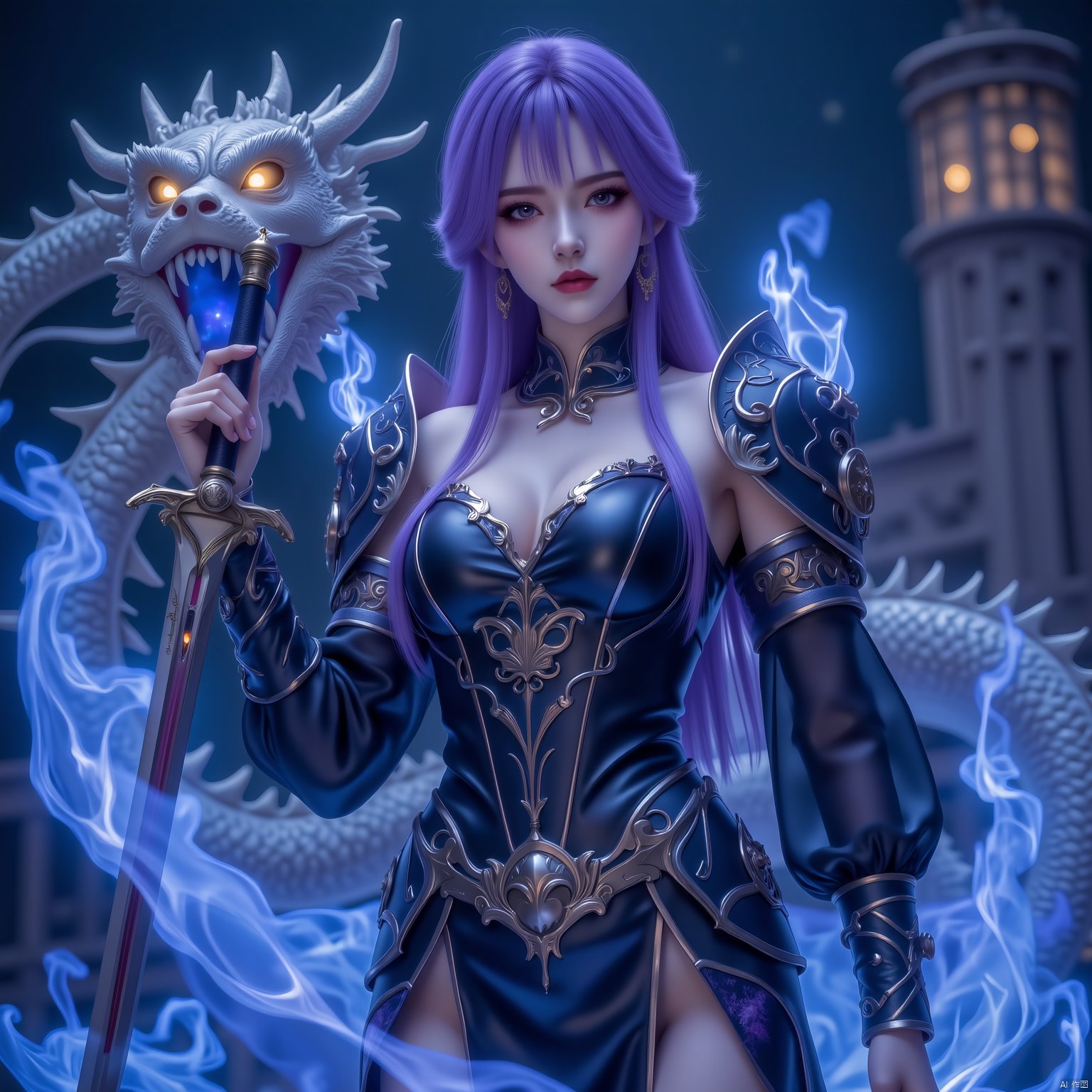 1girl,purple hair,purple eyes, Glowing eyes,(Beautiful face), Lich King, undead swordsman, wearing armor decorated with skulls, burning blue flames all over her body, golden glowing eyes, slashing the sword in her hand, violent, angry and fierce, standing behind A broken skeleton dragon,guijian,armor,Xguang, headless,tifa,edgdeathknight,