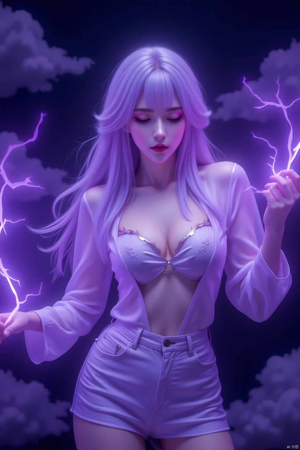 A long-haired girl performing lightning magic, with her eyes closed and arms extended, purple and fuchsia lightning bursting from her fingertips. She wears a long-sleeved outfit, revealing cleavage and shoulders, with white hair and makeup including eyeshadow and eyeliner. Surrounded by a black background with clouds floating around her, creating a mysterious and realistic feeling. Ultra-high resolution, highly detailed, masterpiece quality, exquisite detail, gentle atmosphere, high-end texture, concept art.