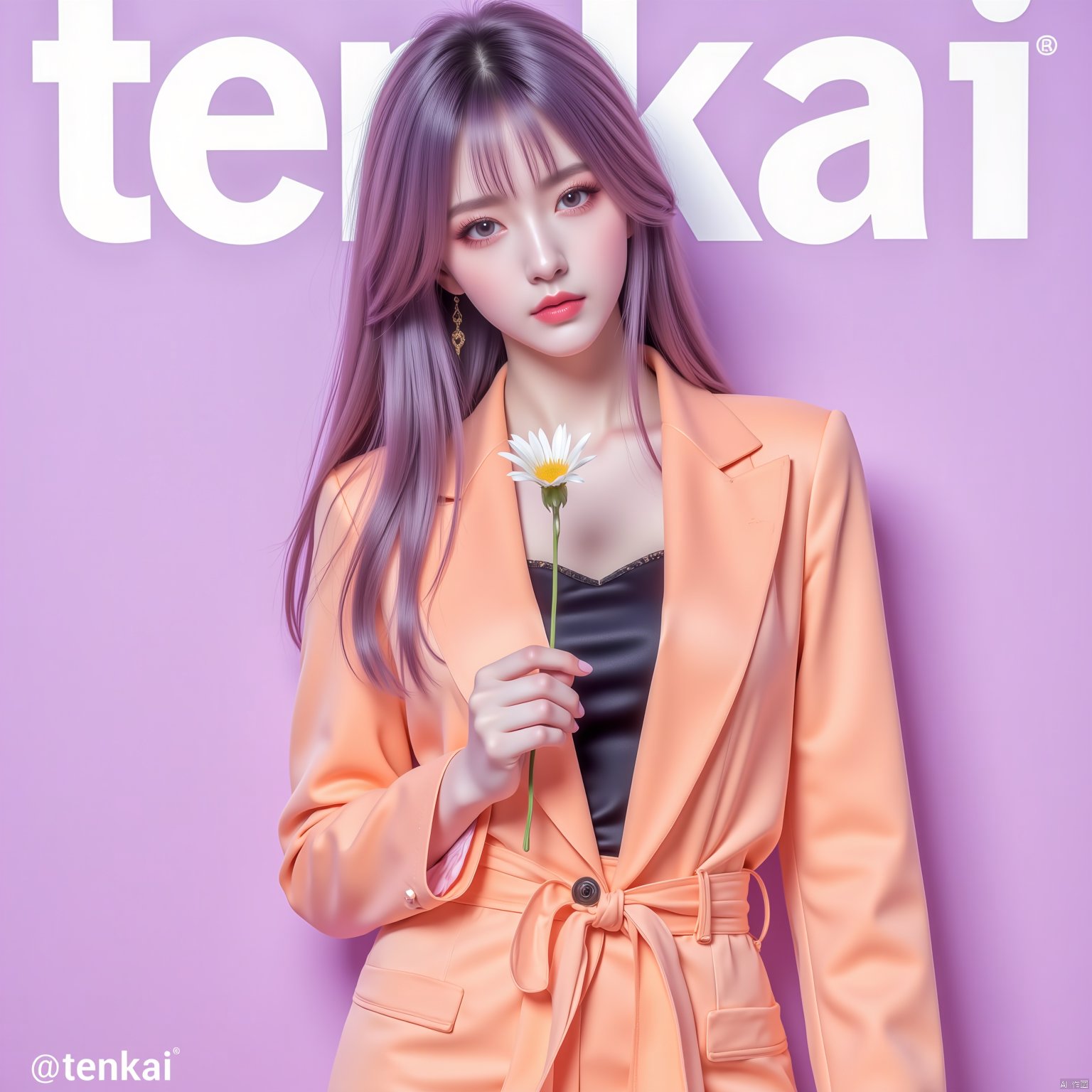 1girl,purple hair,purple eyes,1girl,A fashion magazine cover with the text "tenkai" in white letters, a beautiful Korean woman wearing a mint orange suit jacket and black top, holding a flower in her hand, poses for a photoshoot. She has brown, long, straight hair in a medium-length style