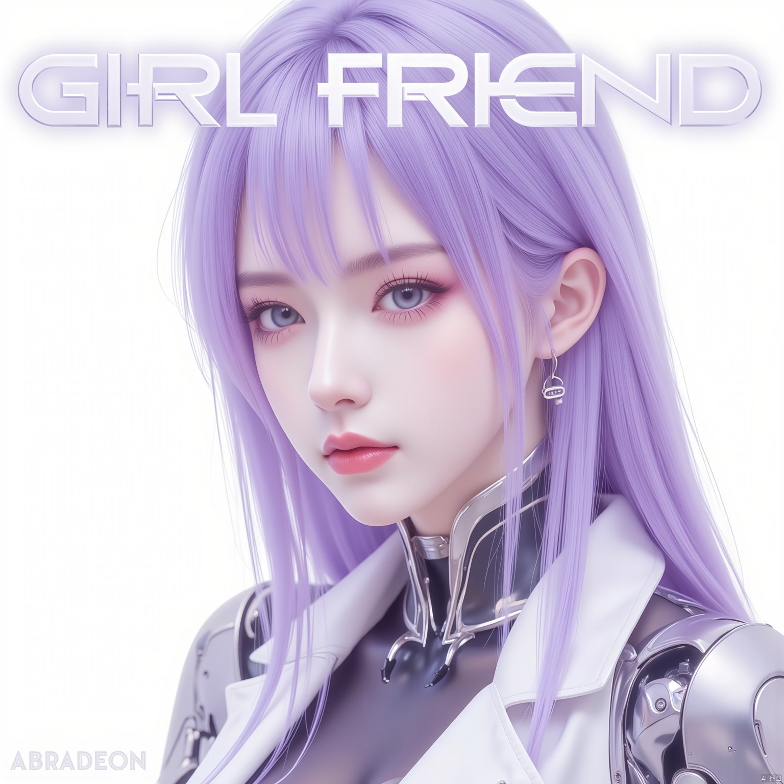 artist_name, dated, english_text, cover, cover_page, album_cover, barcode, magazine_cover, fake_cover, 

realistic future cyborg female portrait, mechanical parts, looking_at_viewer, simple_background, white background, 

huge future-style text "GIRL FRIEND" displayed, excellent word design, 

high resolution, best quality, highres, 