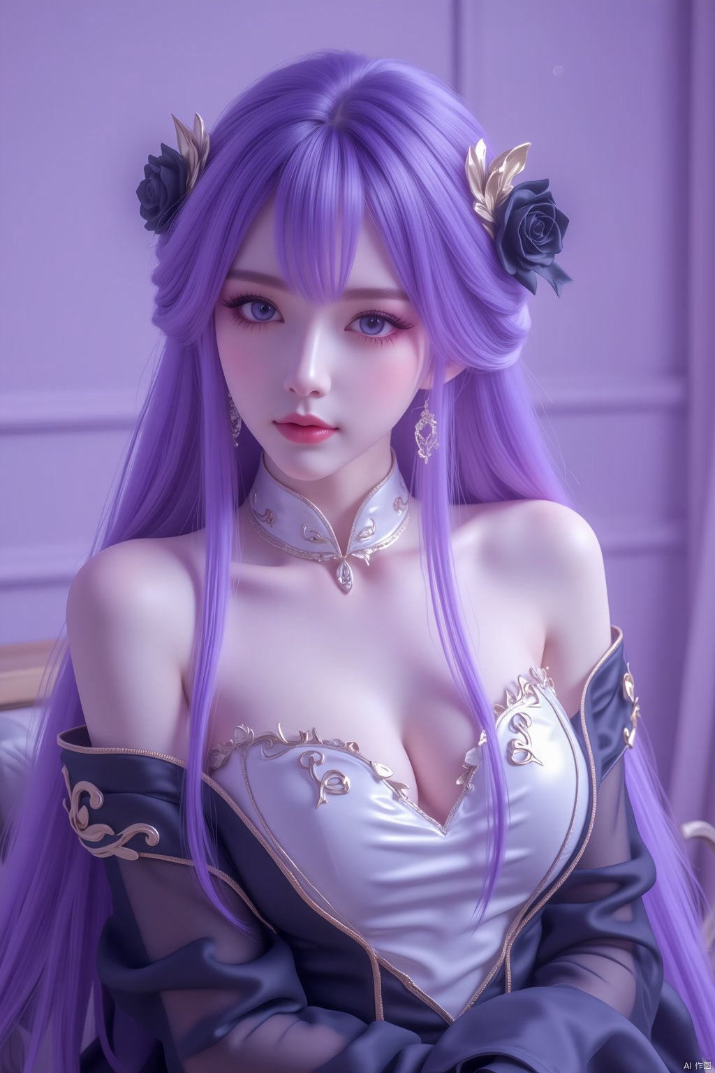 1girl,purple hair,purple eyes, (masterpiece),(best quality),illustration,ultra detailed,hdr,Depth of field,(colorful),loli,[Artist:wlop],[[Artist:sheya]],Artist:hiten_(hitenkei),1girl,heterochromia,gloves,hair ornament,black gloves,solo,jewelry,long hair,black flower,looking at viewer,necklace,smile,white dress,dress,black rose,elbow gloves,upper body,flower,earrings,collarbone,hair flower,asymmetrical gloves,black dress,single elbow glove,split theme,bare shoulders,indoors,single glove,ribbon,nail polish,