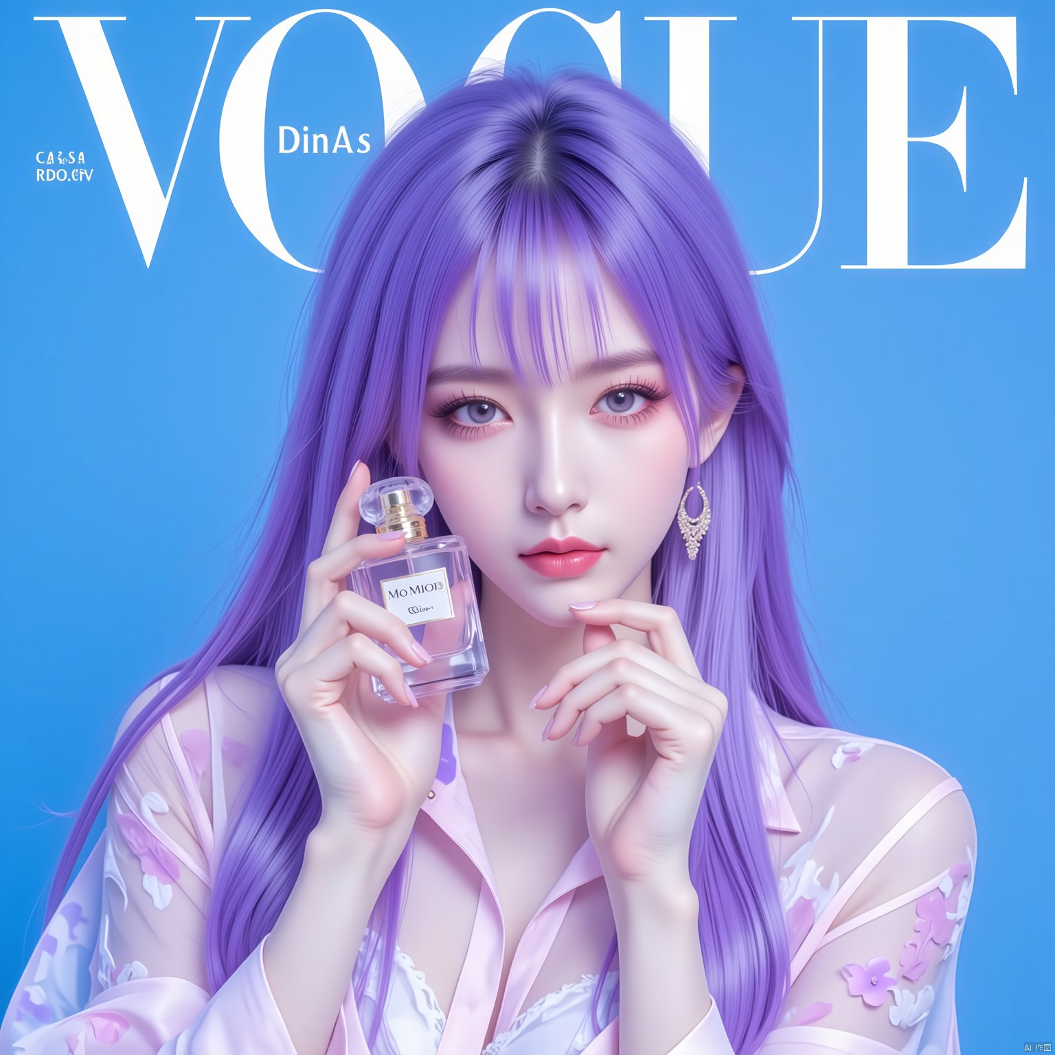 Vogue cover of a beautiful Korean woman with long purple,straight hair holding Dior "Streamline" perfume, wearing a light pink and white patterned shirt, holding the bottle in both hands close to her face, posing for the magazine cover, professional photography with studio lighting, blue background, text at the top says "TenKai", photo taken with a Canon EOS R6 Mark II Mirrorless camera in the style of 35mm f/8 aperture, intricate details.