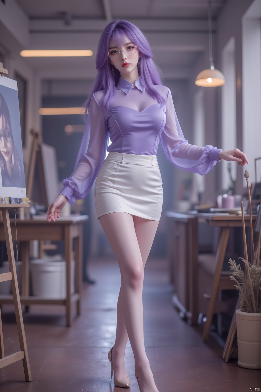 Prompt: Masterpiece, best quality, stunning details, realistic, 1girl,purple hair,purple eyes, idol, glasses, high details fair skin, long hair, teacher, white pencil skirt, shiny pantyhose, long legs, high heels, full body, art room, paintbrush,,