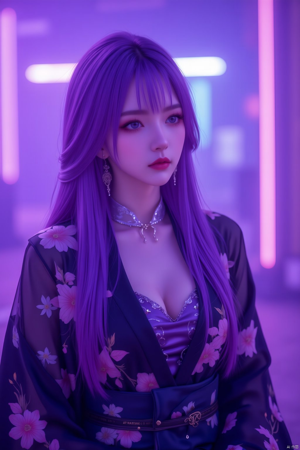 1girl,purple hair,purple eyes, 1girl,with a black kimono adorned with flowers.Trendy K Style, neon lighting, highly detailed, ultra-high resolutions, 32K UHD, best quality, masterpiece