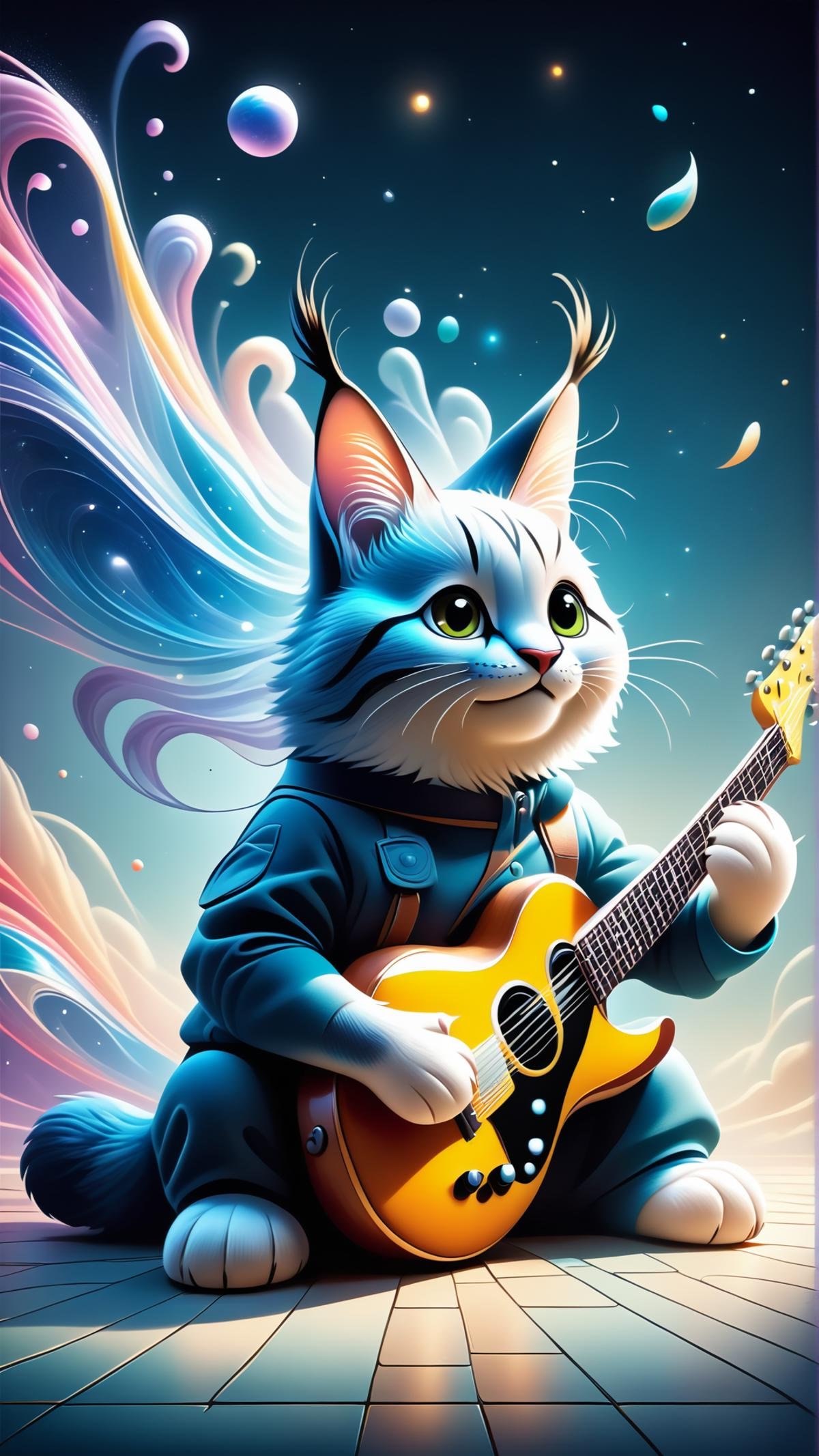 <lora:ElementWindPDXL:0.5>score_9, score_8_up, score_7_up, ElementWind cute fluffy caracal in pants sitting politely with electric guitar, facing the camera, anime art style, portrait, high detail, sharp focus, digital painting, artstation, concept art, art by hayao miyazaki and artgerm and greg rutkowski and alphonse mucha., wind, blowing ethereal streaks, gusts