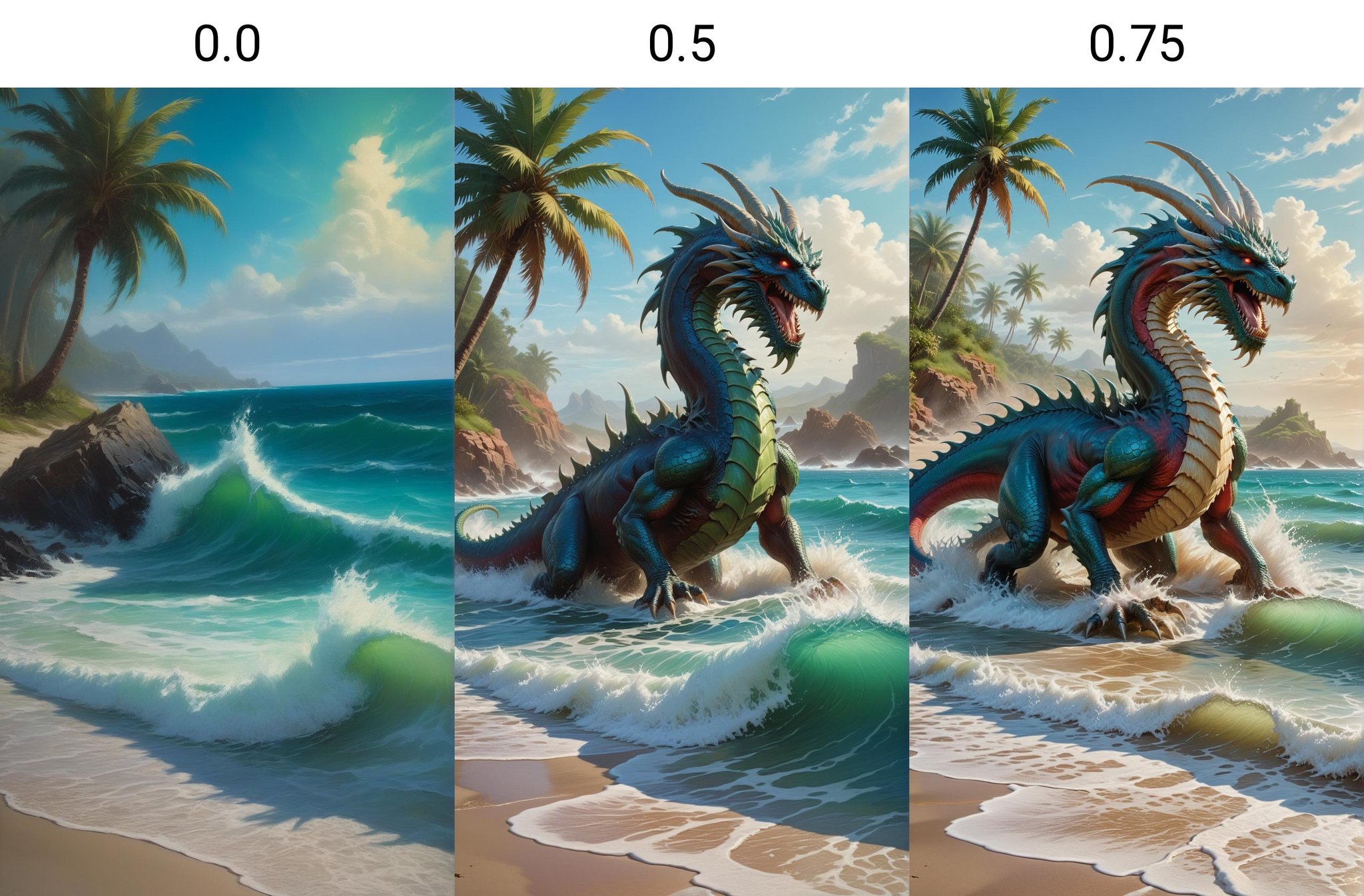 <lora:dAIversityUnderstandingXL-Realistic:0.0> Realistic oil painting, crashing waves, rocky shore, deserted island, blue-green water, white foam, sandy beach, tropical palm trees, warm sunlight, vibrant greens, bright blues, texture, dynamic, impressionistic, masterpiece, high resolution,the return of nicol bolas the dragon god, in the style of magic the gathering, red and black and blue color scheme, d & d, fantasy, art by raymond swanland and svetlin velinov, cosmic, terrifying, cosmic horror, intricate detail, cinematic, 8 k, cel shaded, unreal engine, featured on artstation, pixiv