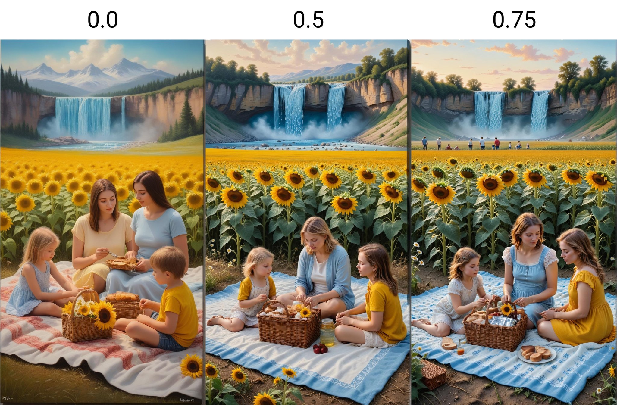 <lora:dAIversityUnderstandingXL-Realistic:0.0> Realistic oil painting of a family having a picnic in a vast field of sunflowers and daisies, with a frozen waterfall of memories in the background, warm and bright colors, vibrant and detailed flowers, golden hour lighting, serene and peaceful atmosphere, blue and white frozen waterfall, misty and magical, soft and delicate brushstrokes, detailed facial expressions, textured and layered canvas, lush and verdant grass, soft and fluffy clouds, panoramic view, masterpiece artwork, exquisite details, breathtaking scenery, fine art, inspirational, captivating, memorable, high resolution, 5760x3240 pixels,woman