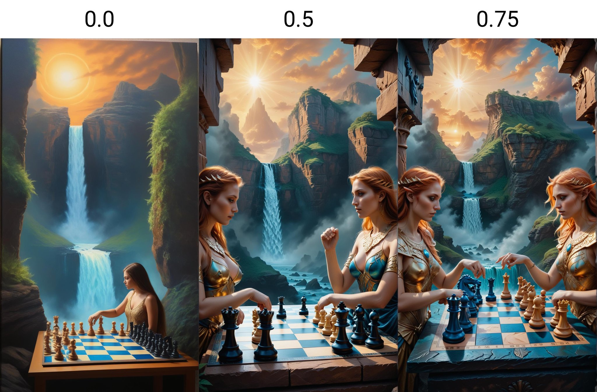 <lora:dAIversityUnderstandingXL-Realistic:0.0> woman,Fantasy oil painting of a grandiose chess game between gods, Mythological creatures, Demigods, Magical chessboard, Celestial backdrop, Radiant aura, Supernatural light, Dramatic shadows, Intricate details, Majestic poses, Dynamic composition, Vibrant colors, Realistic textures, High contrast, Epic atmosphere, Divine chess pieces, Infinite board, Canyon setting, Waterfall of infinite possibilities, Lush greenery, Rocky cliffs, Foggy base, Glowing runes, Mythical creatures, Dramatic clouds, Sunset hues, Blue and gold accents, Realistic lighting, High quality, 5K resolution, Masterpiece artwork, Highly detailed, Epic art