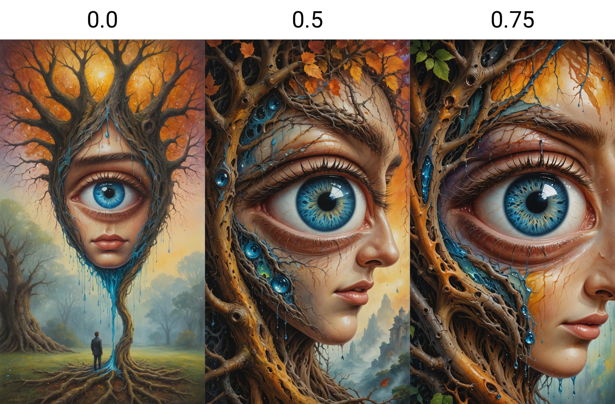 <lora:dAIversityUnderstandingXL-Realistic:0.0> A surrealistic oil painting of a single tear falling from a person's eye, causing a chain reaction of events, leading to a massive, ancient tree of knowledge growing from the tear, vibrant colors, intricate branches, surreal elements, magical atmosphere, watercolor effects, detailed texture, soft lighting, warm color palette,Pocket-sized notebook