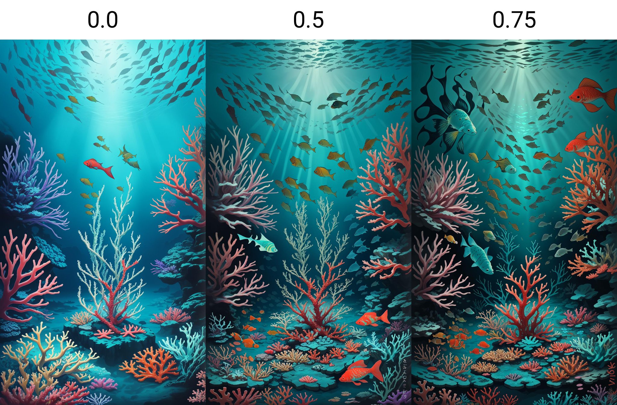 <lora:dAIversityLoRA15-PhotoSemiReal:0.0> Realistic, vibrant painting of a kaleidoscope of fish swimming among a coral reef, rich blue and green colors, detailed coral and seaweed, dynamic fish movement, shallow depth of field, natural underwater lighting, 45 degree angle looking down