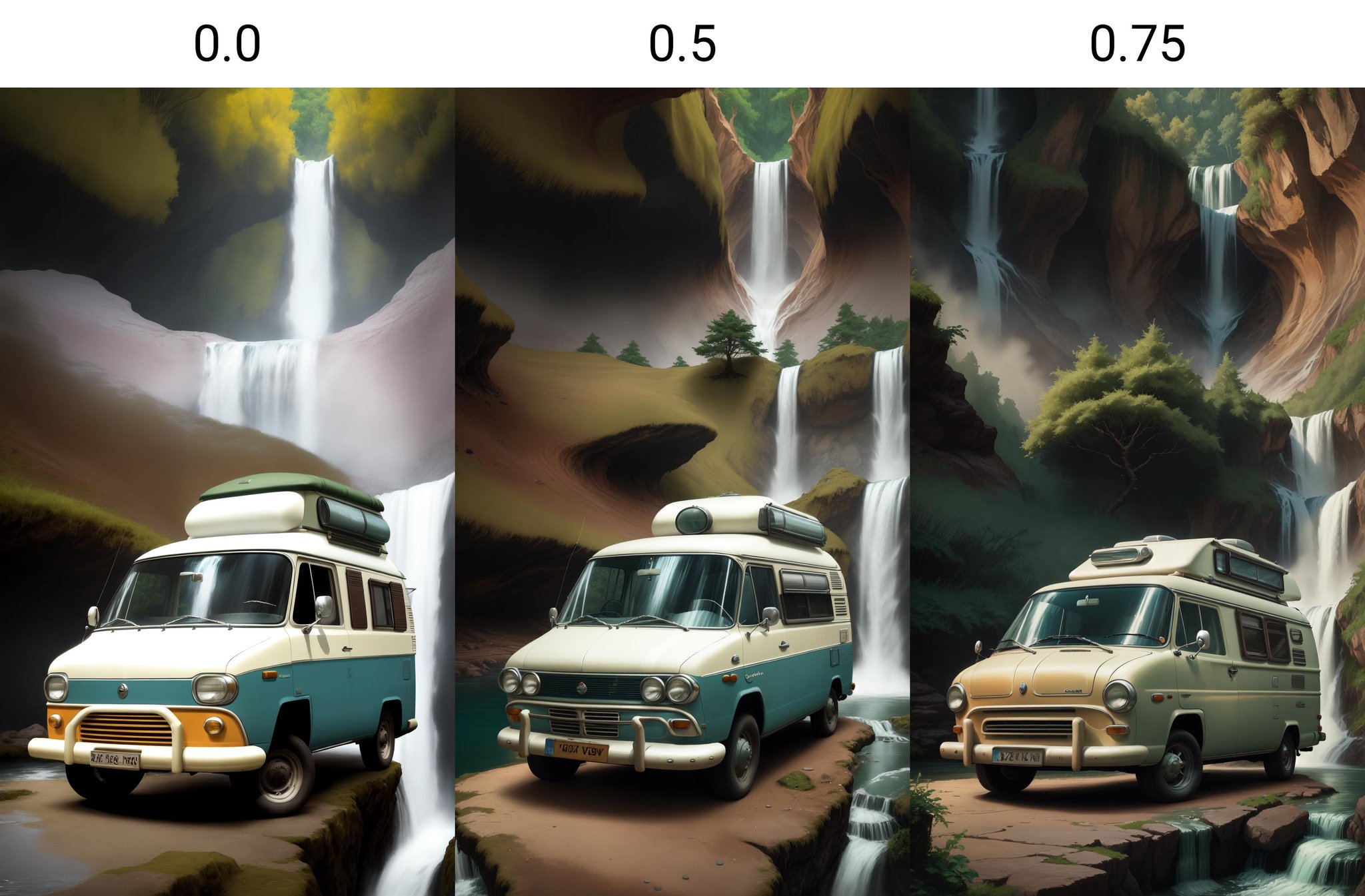 <lora:dAIversityLoRA15-PhotoSemiReal:0.0>a retro camper van parked near a cascading waterfall