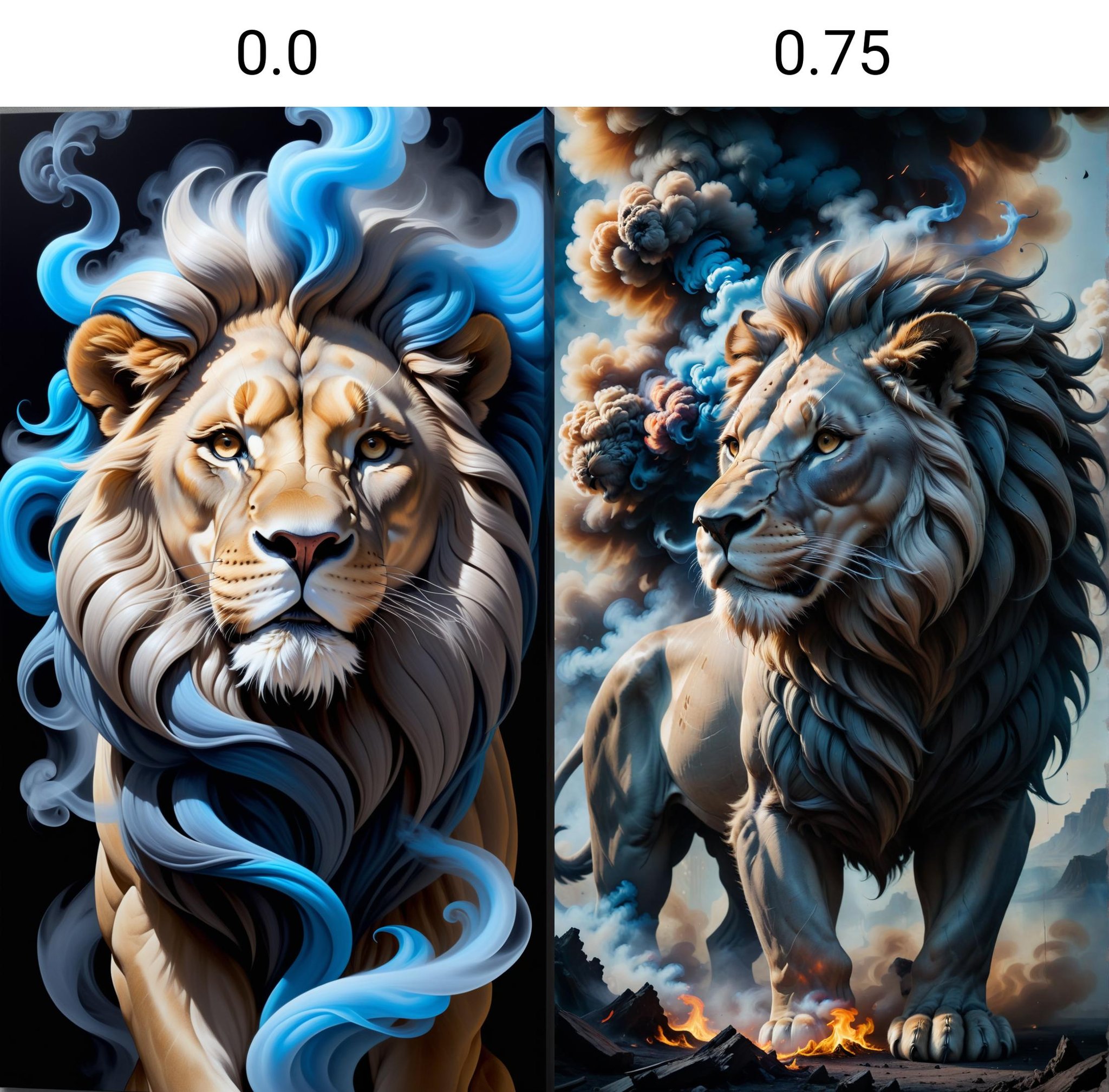 <lora:dAIversityLoRASDXL-PhotoSemiReal:0.0>Surrealist painting of a lion made of smoke and whispers, Blue and gray colors, Swirling shapes, Mysterious and intriguing atmosphere, Dark background, Wispy hair-like smoke, Whispering mouth, Dreamlike, Soft and hazy edges, Medium shot, Artsy, Surreal, Conceptual, High quality, High resolution, Detailed, Intricate, Textured, 4k, Canvas, Oil paint, Realistic, Hyperrealistic, (Masterpiece:1.3) (best quality:1.2) (high quality:1.1)