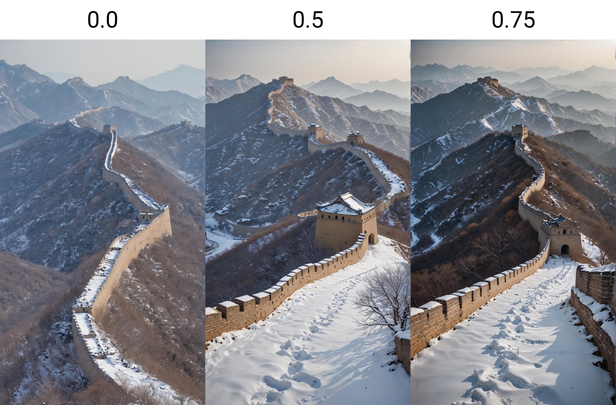 <lora:dAIversityLoRASDXL-PhotoSemiReal:0.0>the great wall of China winding through a snow-covered mountain range in Beijing