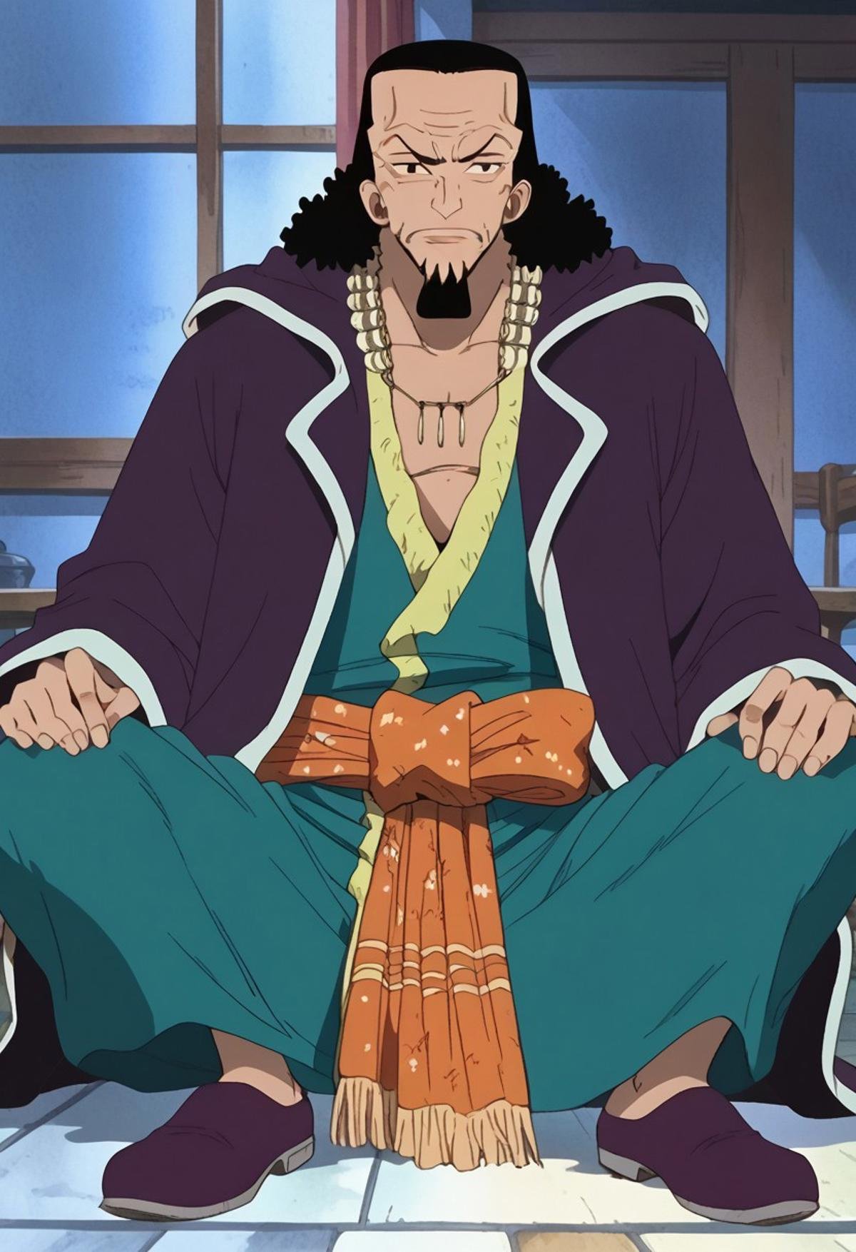 score_9, score_8_up, score_7_up, source_anime, rating_safe, CobraOP, black_Cobra_hair, black_Cobra_facial hair, black_Cobra_eyes, 1boy, male focus, anime screencap, green-yellow_Cobra_robe, purple-white_Cobra_coat, yellow_Cobra_necklace, purple_Cobra_shoes, orange-yellow_Cobra_cloth belt, sitting,