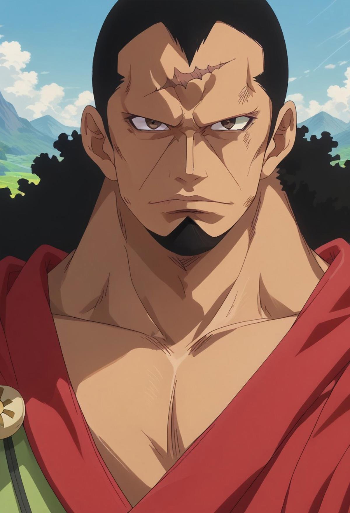 score_9, score_8_up, score_7_up, source_anime, rating_safe, KyrosOP, black_Kyros_long hair, black_Kyros_goatee, brown_Kyros_scar on forehead, 1boy, male focus, anime screencap,