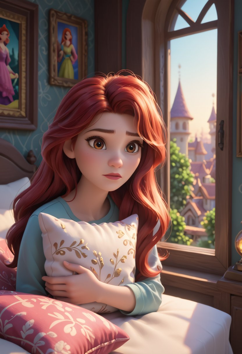 score_9, score_8_up, score_8, a beautiful girl with red hair holds a silk pillow in her hands,the sun shines from the window,reflects from the mirror,the pillow shines from the sun,Masterpiece, magic of this beloved Disney princess.