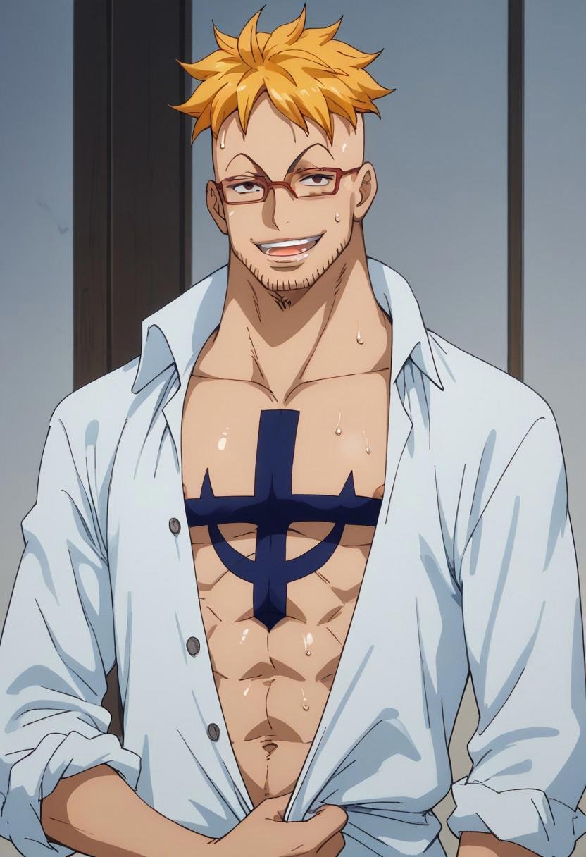 score_9, score_8_up, score_7_up, source_anime, rating_explicit, undressing, pulling own shirt, MarcoOP, black_Marco_facial hair, blonde_Marco_hair, red_Marco_glasses, black_eyes, 1boy, male focus, anime screencap, nipples, unbuttoned, dark blue_Marco_chest tattoo, sweating, holding, open mouth, smirk, looking at viewer, hands with five fingers, seductive-suggestive,