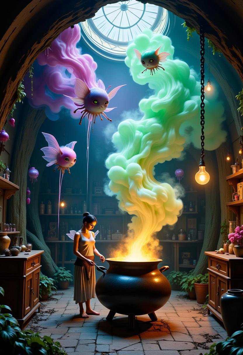 Faeothic. Inside a floating alchemist's workshop, a fae figure stirs a cauldron. Strange, colorful vapors form into surreal creatures that fly around the room, defying gravity.