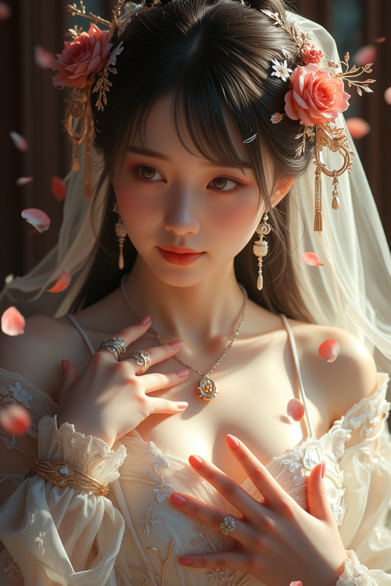 Photorealistic, cinematic, (side light:1.3), close up portrait, a woman, lie, (hand on chest:1.2), petals, rose decoration, whitw ren dress, veil, hair ornament, intricate carving jewelry, choker, ribbons, necklace, bracelet, jewelry headband, soft shadow, KOLNB,Hanfu