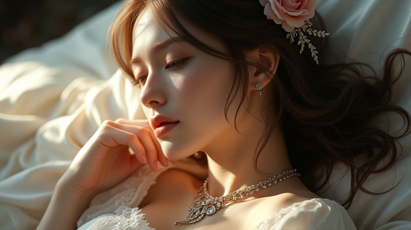 Photorealistic, cinematic, (side light:1.3), close up portrait, a woman, lie, (hand on chest), petals, rose decoration, whitw ren dress, veil, hair ornament, intricate carving jewelry, choker, ribbons, necklace, bracelet, jewelry headband, soft shadow