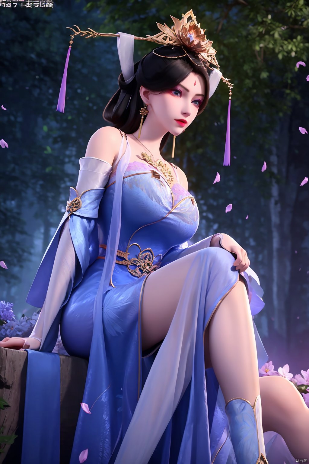 1girl, solo, long hair, breasts, blue eyes, black hair, hair ornament, long sleeves, dress, jewelry, sitting, closed mouth, flower, earrings, boots, hair flower, hair bun, looking to the side, petals, bare legs, night, blue dress, chinese clothes, falling petals