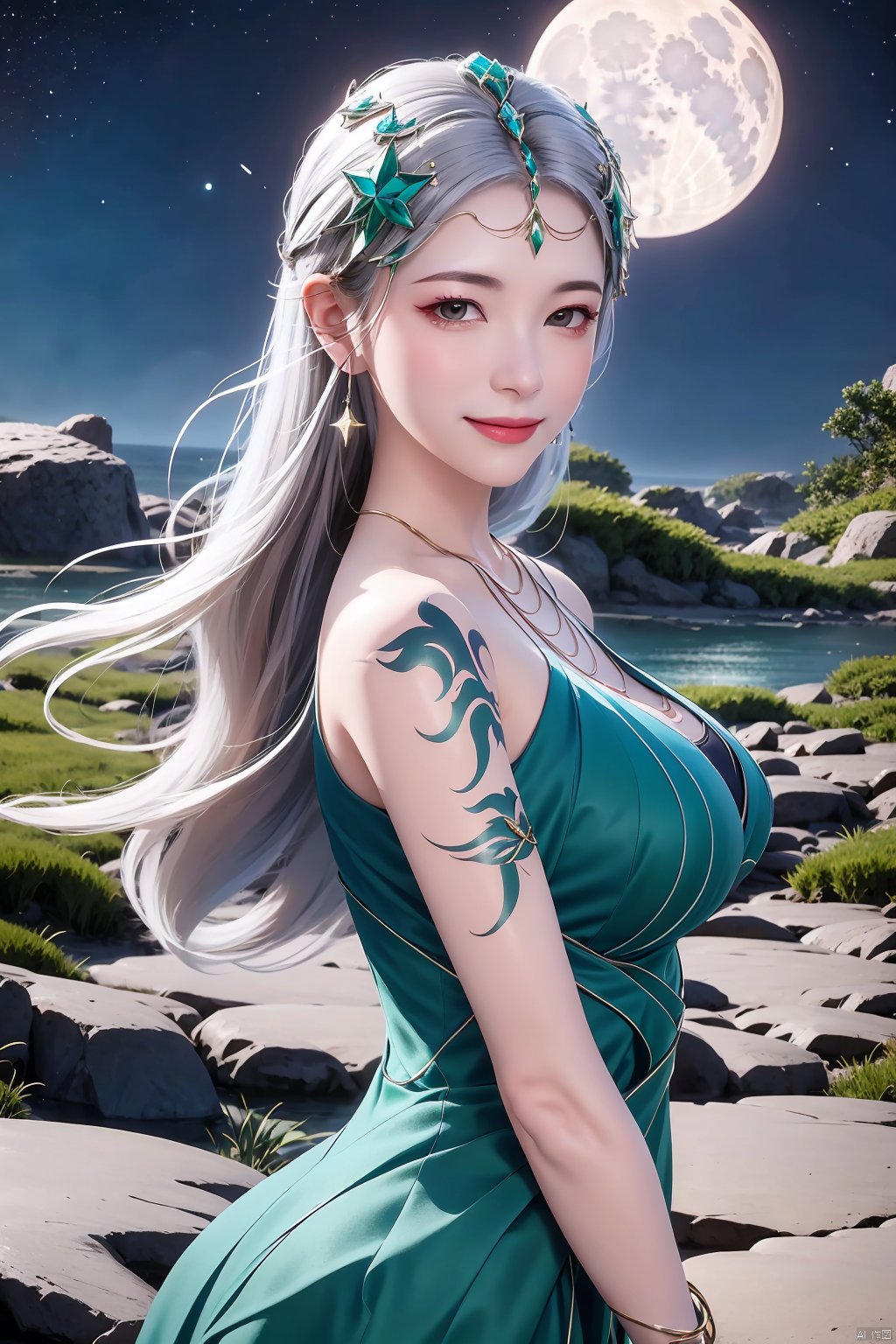 1girl, solo, long hair, breasts, looking at viewer, smile, large breasts, hair ornament, dress, cleavage, bare shoulders, jewelry, closed mouth, white hair, earrings, outdoors, sky, cloud, water, necklace, bracelet, from side, grey eyes, tattoo, night, blue dress, moon, star \(sky\), night sky, full moon, starry sky, green dress