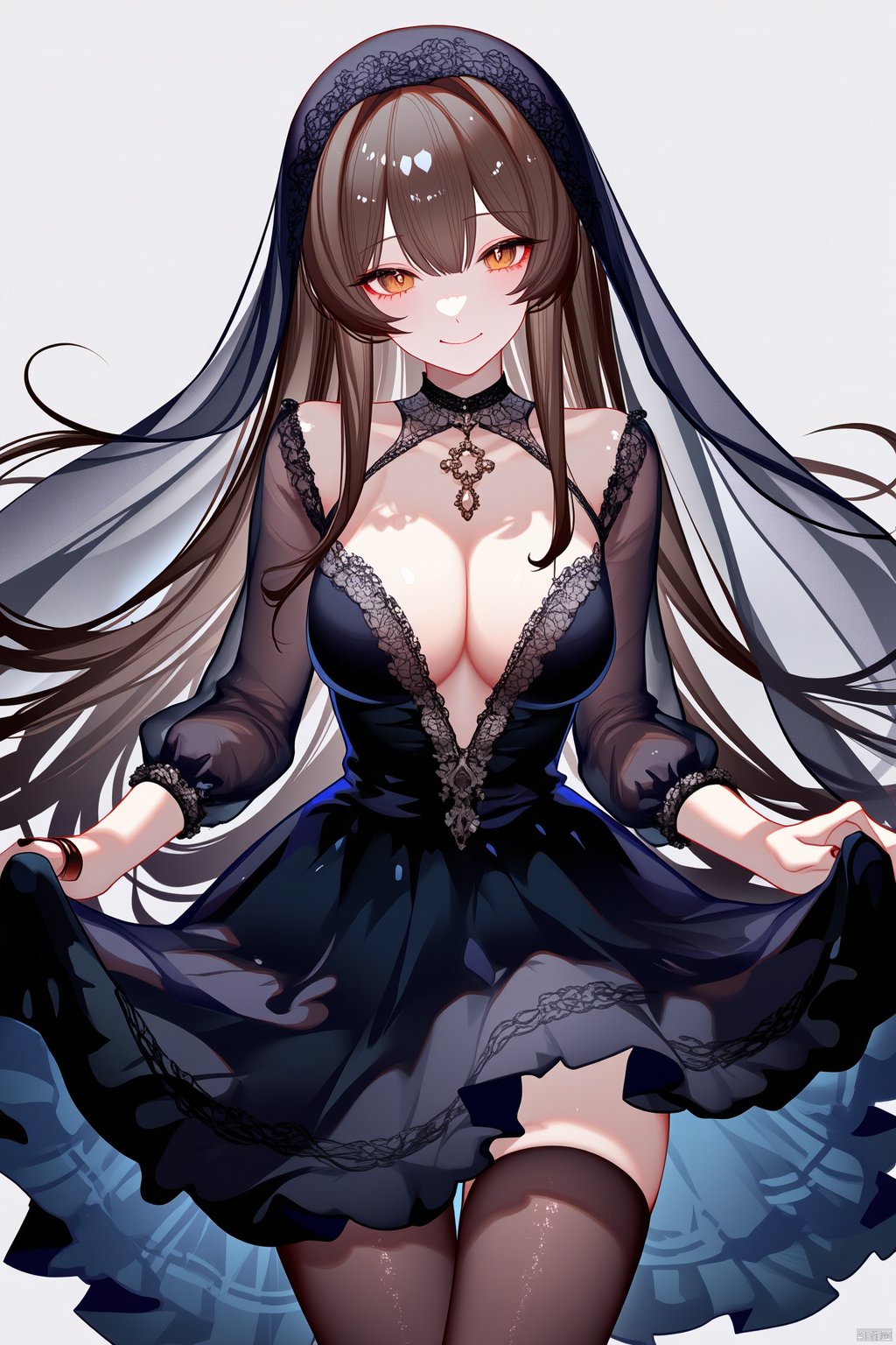 1girl, solo, looking at viewer, smile, brown hair, brown eyes, closed mouth, black dress, black wedding dress, see-through, jewelry, frills, necklace, black veil, bridal veil, black thighhighs, looking at viewer, standing, BREAK fine fabric emphasis,best quality,masterpiece,best quality,amazing quality,very aesthetic,absurdres,best quality,amazing quality,very aesthetic,absurdres,Highly detailed,best quality,masterpiece,Highly detailed,