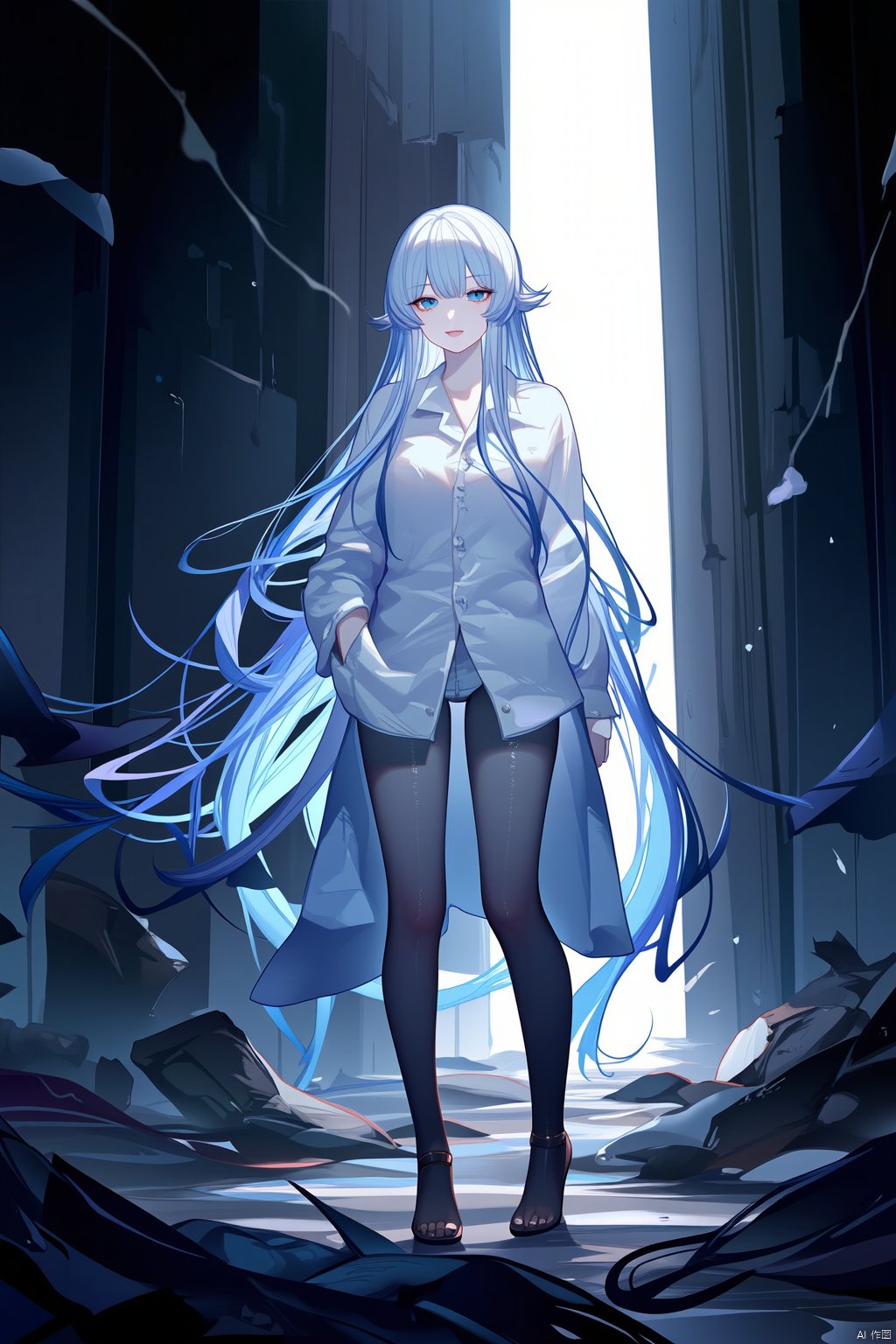 The image is an illustration of a young woman with long, flowing white hair that glows faintly in the light. She is wearing an oversized, white button-up shirt that reaches her knees, the fabric slightly torn and dirtied by the surroundings. Her pale skin contrasts sharply with the dark, ruined environment around her. She stands in the middle of a dilapidated building, with broken walls and debris scattered across the floor. The strong contrast of light and shadow creates a dramatic effect: a bright beam of sunlight shines down from a hole in the ceiling, illuminating her figure while casting deep shadows across the rest of the scene. Her eyes, a piercing shade of ice blue, reflect the light as she looks off into the distance with a calm yet determined expression. The overall mood of the image is stark, melancholic, and filled with a sense of quiet resilience. BREAK fine fabric emphasis,best quality,masterpiece,best quality,amazing quality,very aesthetic,absurdres,best quality,amazing quality,very aesthetic,absurdres,Highly detailed,best quality,masterpiece,Highly detailed,