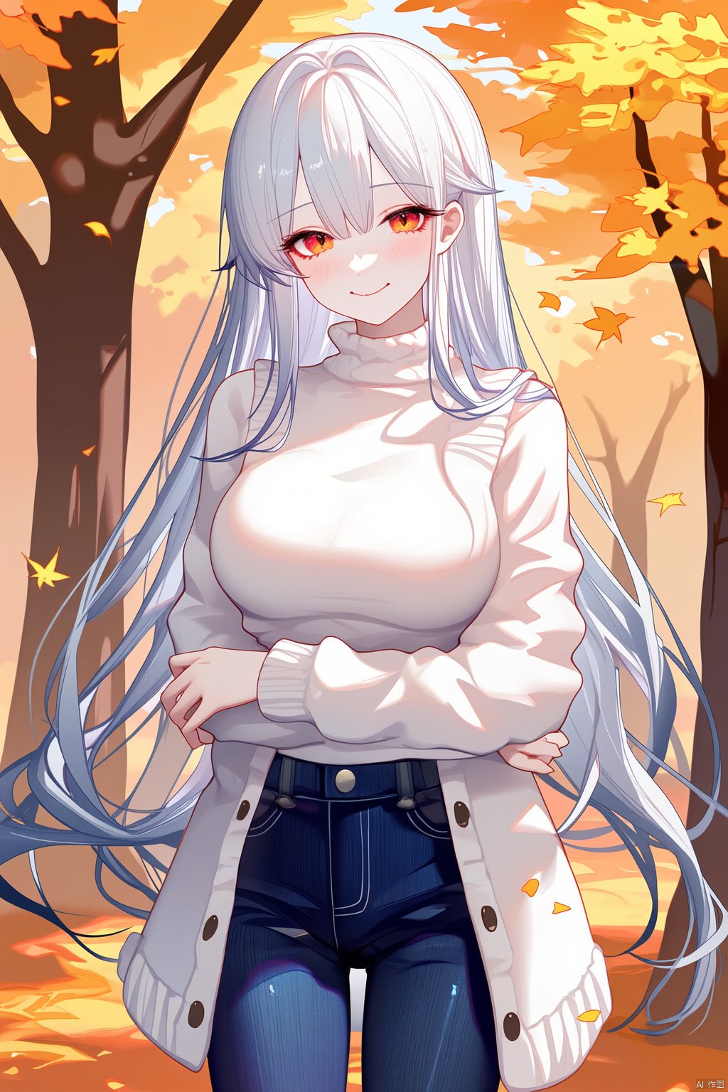 1girl, solo, long hair, looking at viewer, blush, smile, bangs, red eyes, long sleeves, closed mouth, standing, white hair, cowboy shot, outdoors, day, pants, sweater, tree, floating hair, turtleneck, leaf, thigh gap, crossed arms, denim, ground vehicle, jeans, turtleneck sweater, blue pants, white sweater, autumn leaves, autumn,