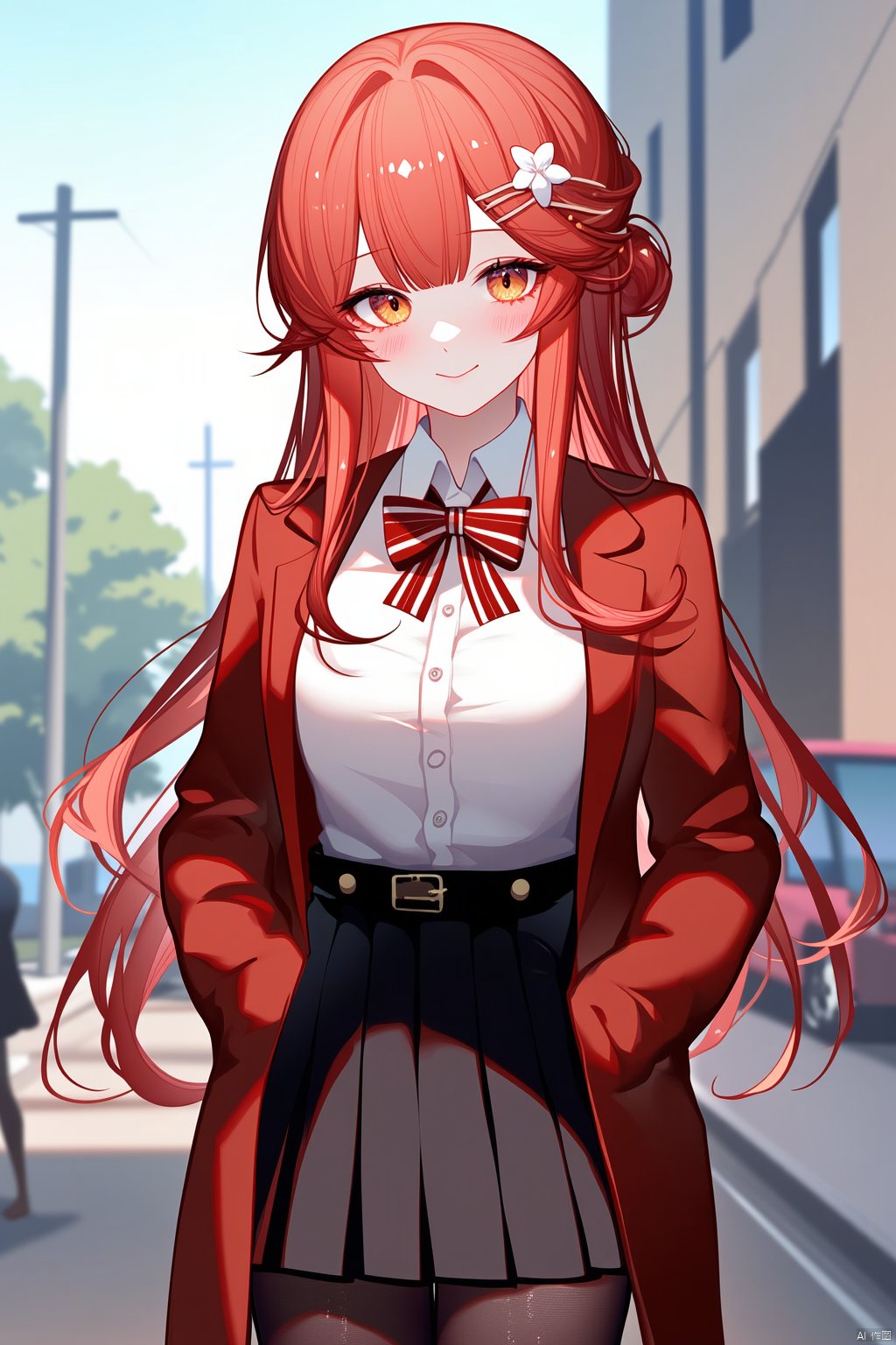 1girl, solo, long hair, breasts, looking at viewer, blush, smile, bangs, shirt, hair ornament, long sleeves, dress, bow, jewelry, closed mouth, school uniform, standing, jacket, yellow eyes, white shirt, ponytail, flower, sidelocks, red hair, cowboy shot, outdoors, open clothes, day, collared shirt, belt, hair flower, blunt bangs, bowtie, black dress, red bow, open jacket, coat, window, dress shirt, buttons, wing collar, white flower, ground vehicle, building, red bowtie, red jacket, buckle, open coat, striped bow, belt buckle, hands in pockets, striped bowtie, plaid bow,