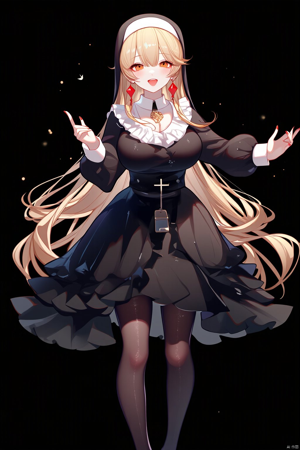 1girl, solo, long hair, breasts, looking at viewer, blush, smile, open mouth, bangs, blonde hair, large breasts, red eyes, long sleeves, dress, jewelry, very long hair, standing, :d, pantyhose, cowboy shot, earrings, puffy sleeves, belt, necklace, black dress, black pantyhose, own hands together, cross, juliet sleeves, black background, interlocked fingers, light particles, buckle, black belt, belt buckle, nun, own hands clasped, habit, cross necklace,