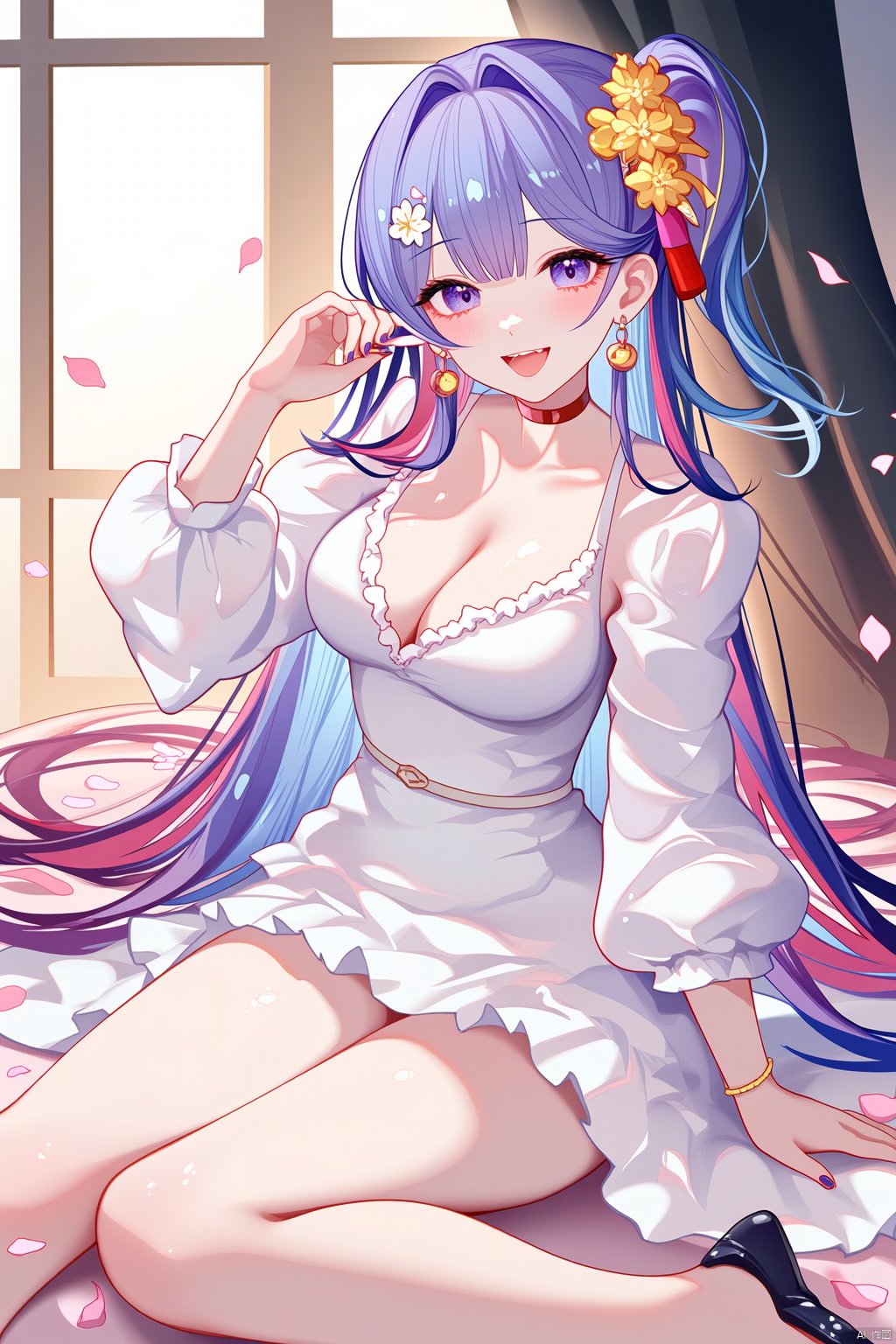 1girl, solo, long hair, breasts, looking at viewer, smile, bangs, blue eyes, blonde hair, hair ornament, long sleeves, dress, jewelry, sitting, closed mouth, blue hair, flower, multicolored hair, earrings, frills, puffy sleeves, belt, indoors, virtual youtuber, hand up, hair flower, nail polish, white dress, petals, window, gradient hair, arm support, floral print, curtains, puffy long sleeves,