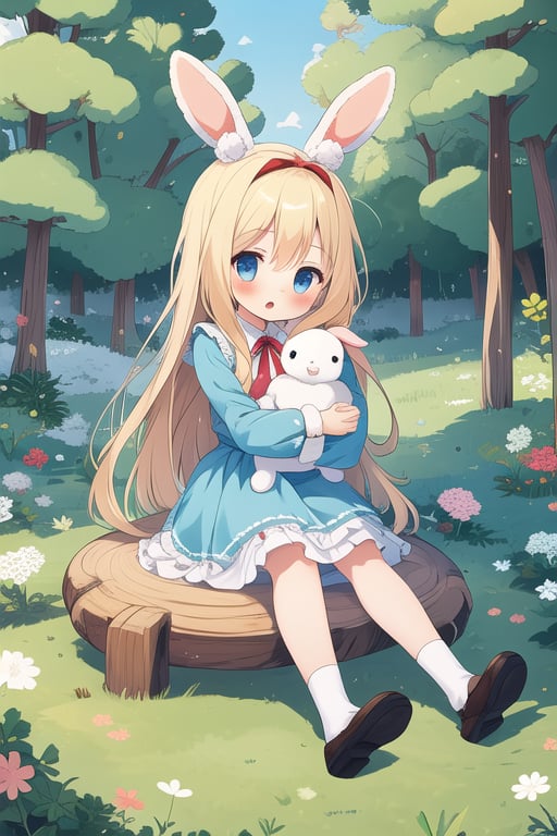 (masterpiece), (best quality), (extremely detailed), (1girl), solo, (pretty cute girl), looking at viewer, slender, evenly sized eyes, extremely detailed eyes, alice in wonderland, hugging angora rabbit, bluewish, full body, outdoors, clover meadow, extremely detailed wallpaper, (parfect detail features), 8k, UHD, clover,