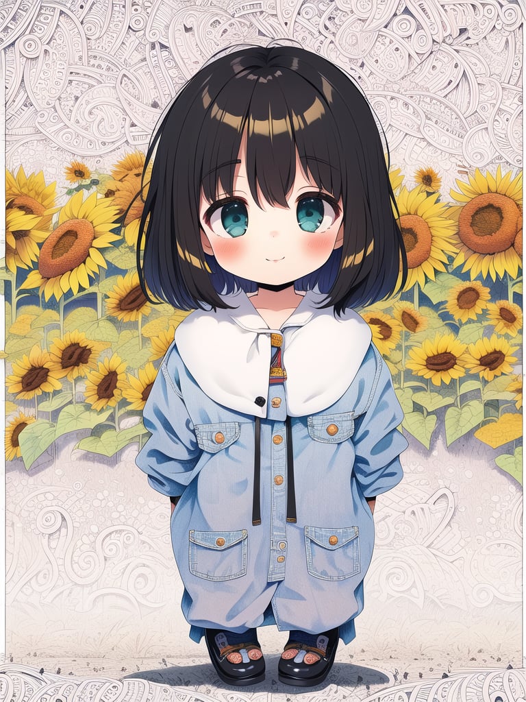 (kawaii background:1.3), (extremely detailed fine touch:1.3), ///, kawaii girl, black short hair, school girl, black tights, (full body:1.3), (sunflower:1.3), (zentangle:1.3)